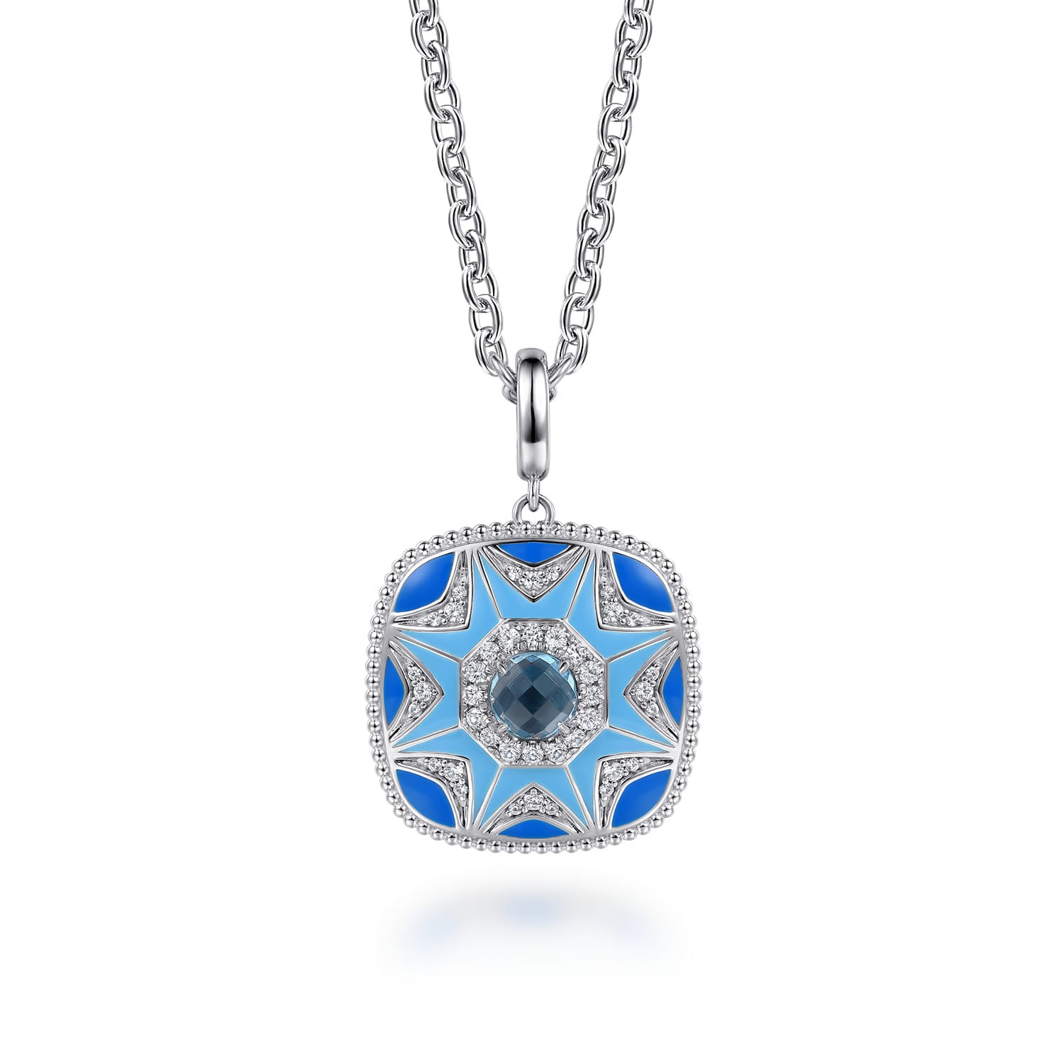 925 Sterling Silver Bujukan White Sapphire and Blue Topaz Necklace with Blue and Dust Blue Enamel