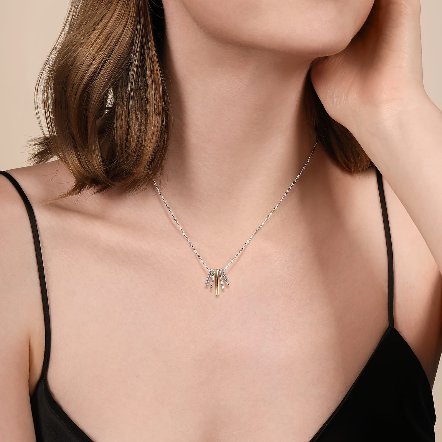 925 Sterling Silver and 14K Yellow Gold Bujukan and White Sapphire Multiple Row Pendant Necklace