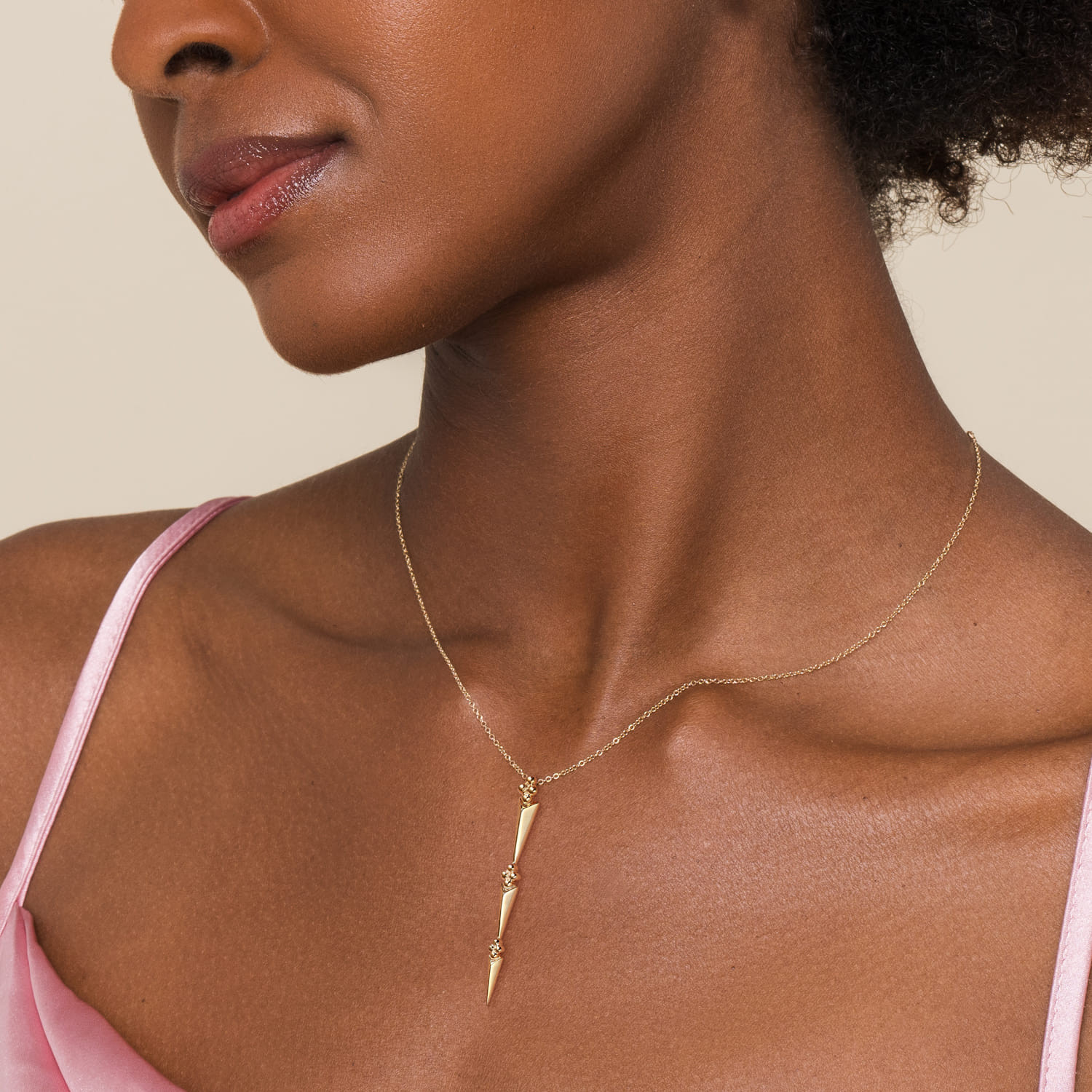 14K Yellow Gold Bujukan Clover and Graduating Triangle Pyramid Drop Necklace