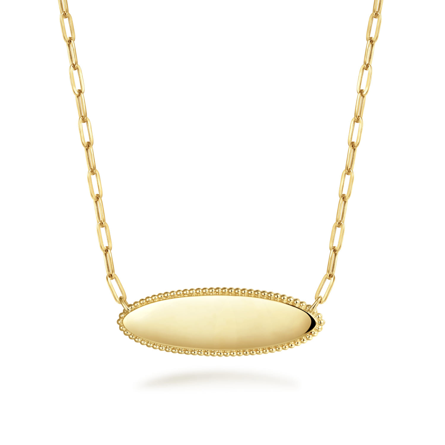 14K Yellow Gold Bujukan Personalized Elongated Oval Pendant Necklace with Hollow Paperclip Chain