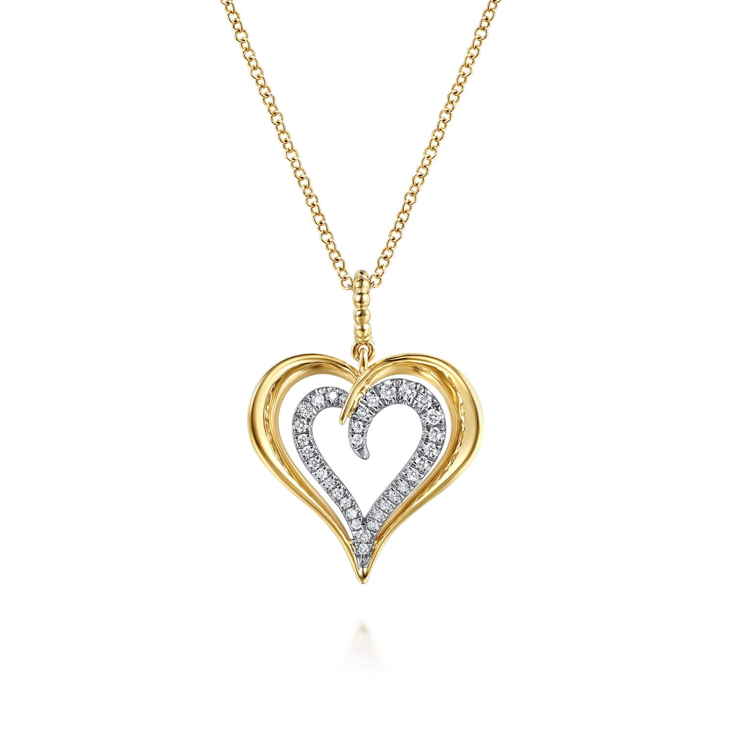 14K White and Yellow Gold Bujukan Graduating Diamond Heart Pendant Necklace