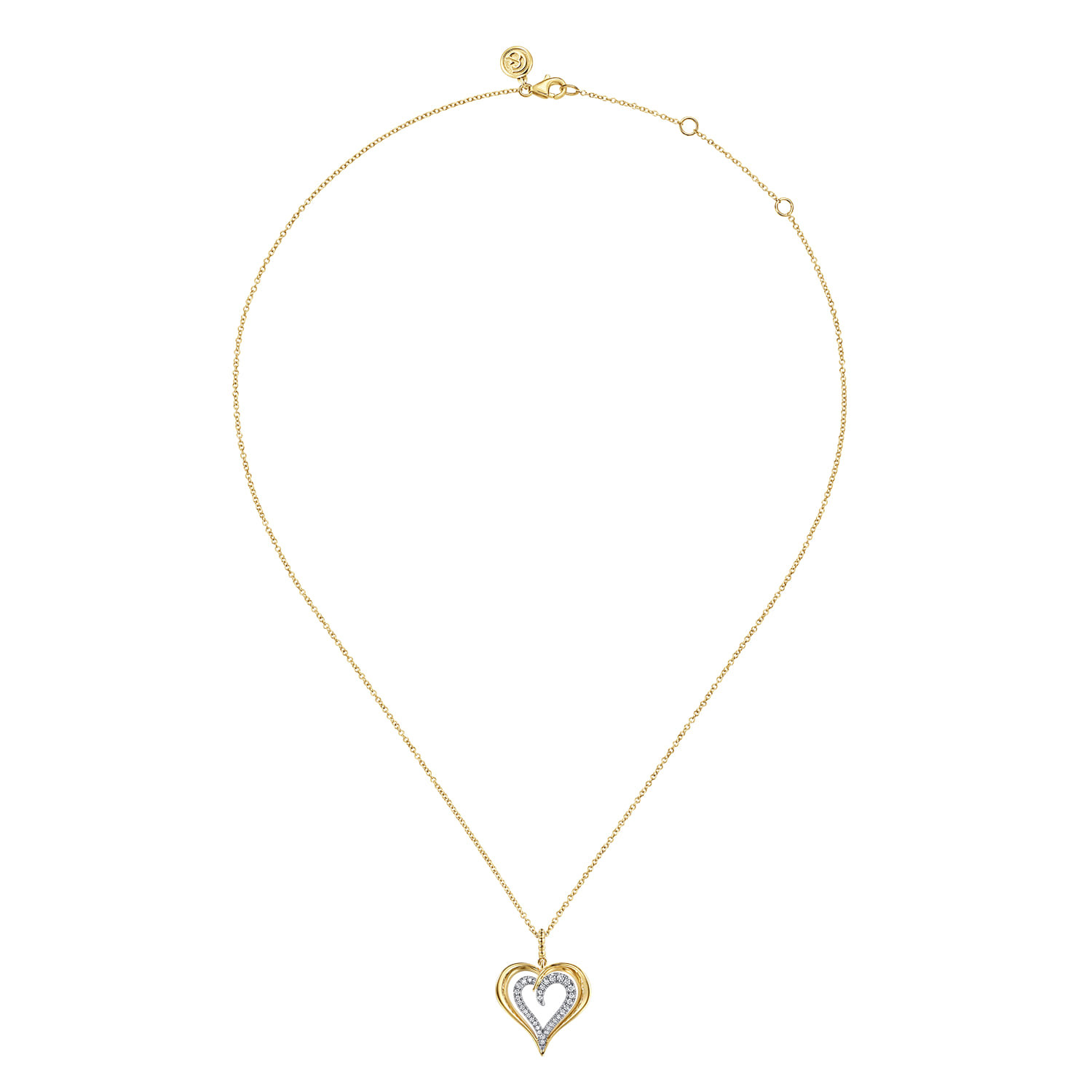 14K White and Yellow Gold Bujukan Graduating Diamond Heart Pendant Necklace