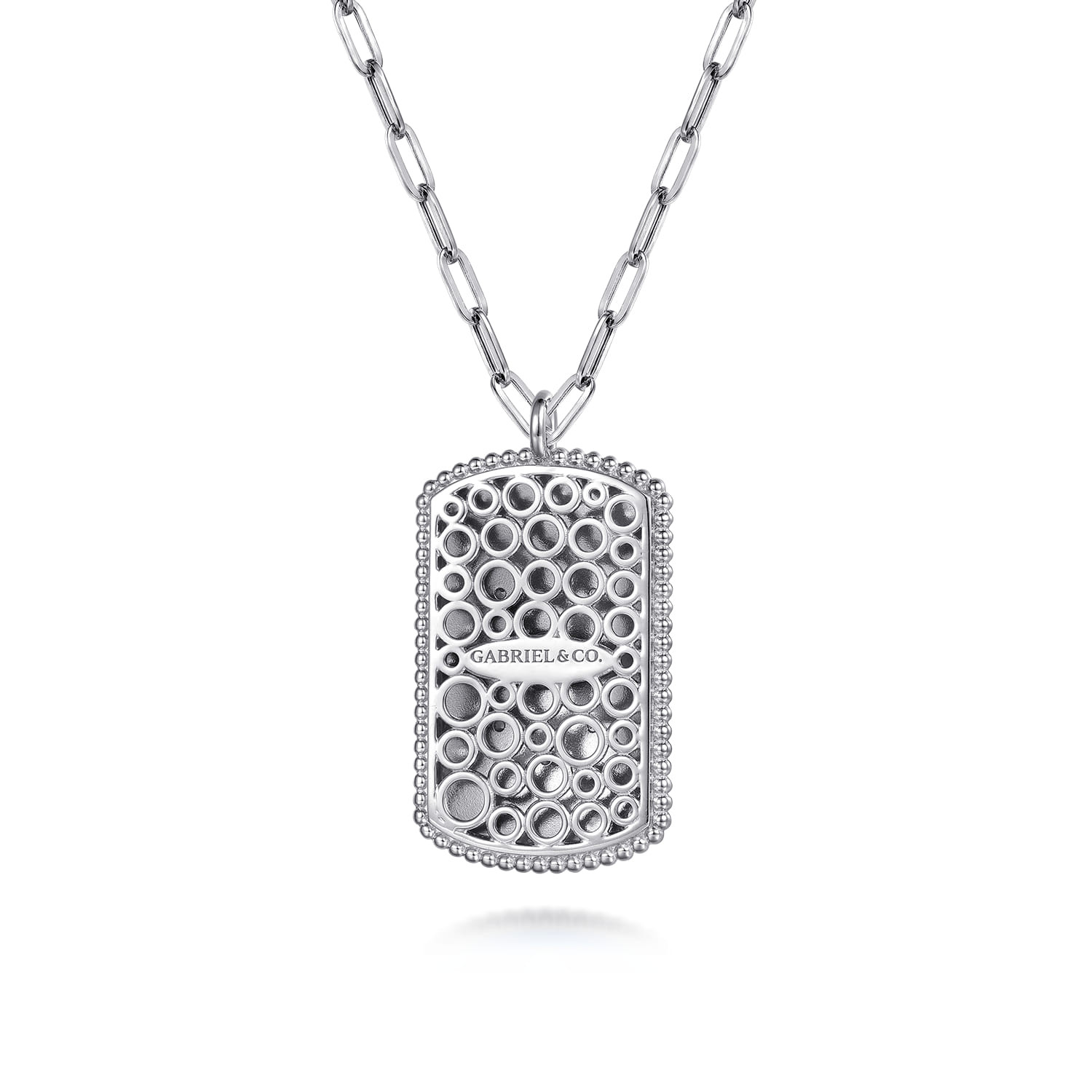 925 Sterling Silver Bujukan White Sapphire and Blue Sapphire Dog Tag Pendant Necklace with Blue and Dust Blue and White Enamel
