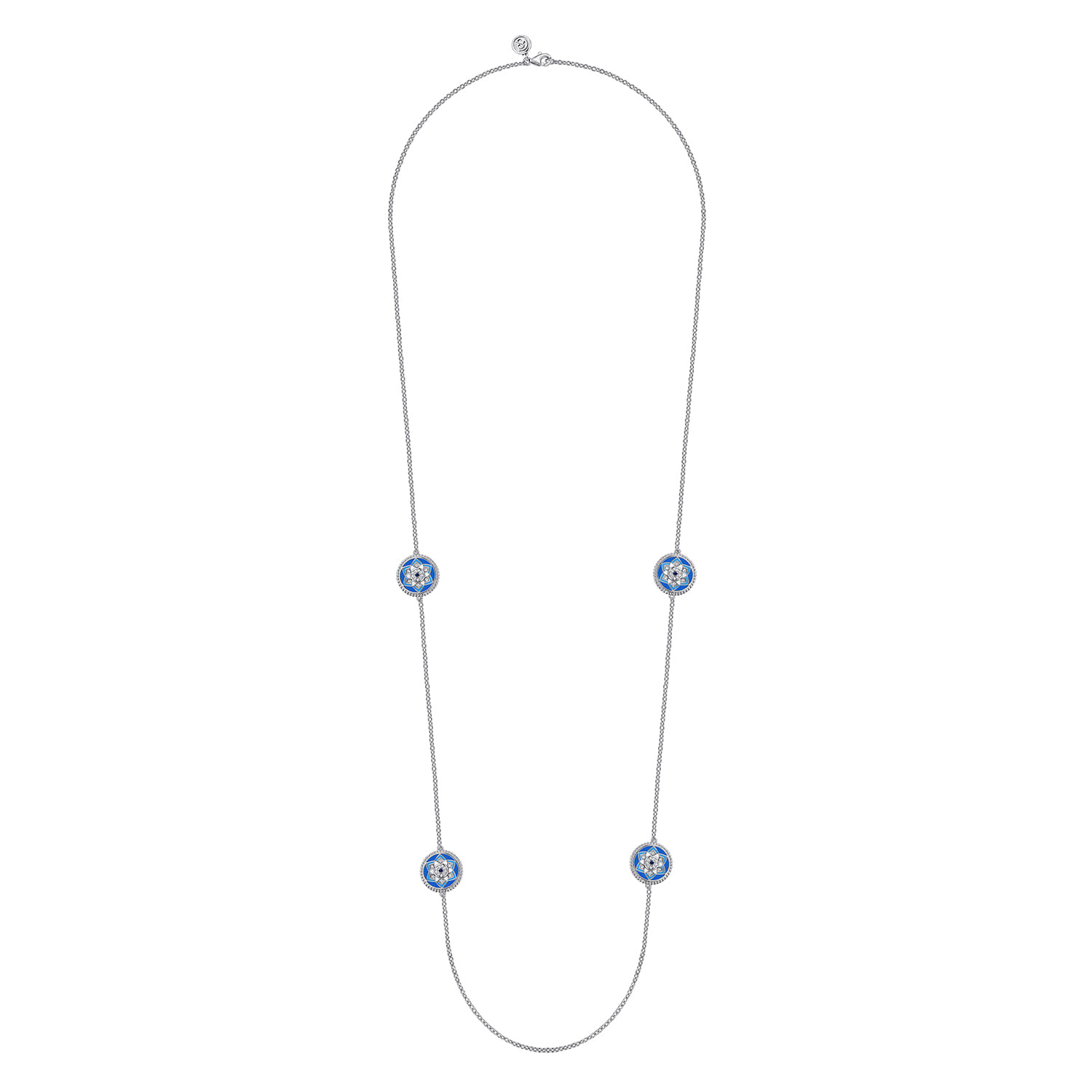 925 Sterling Silver Bujukan White Sapphire and Blue Sapphire Station Necklace with Blue and Dust Blue and White Enamel