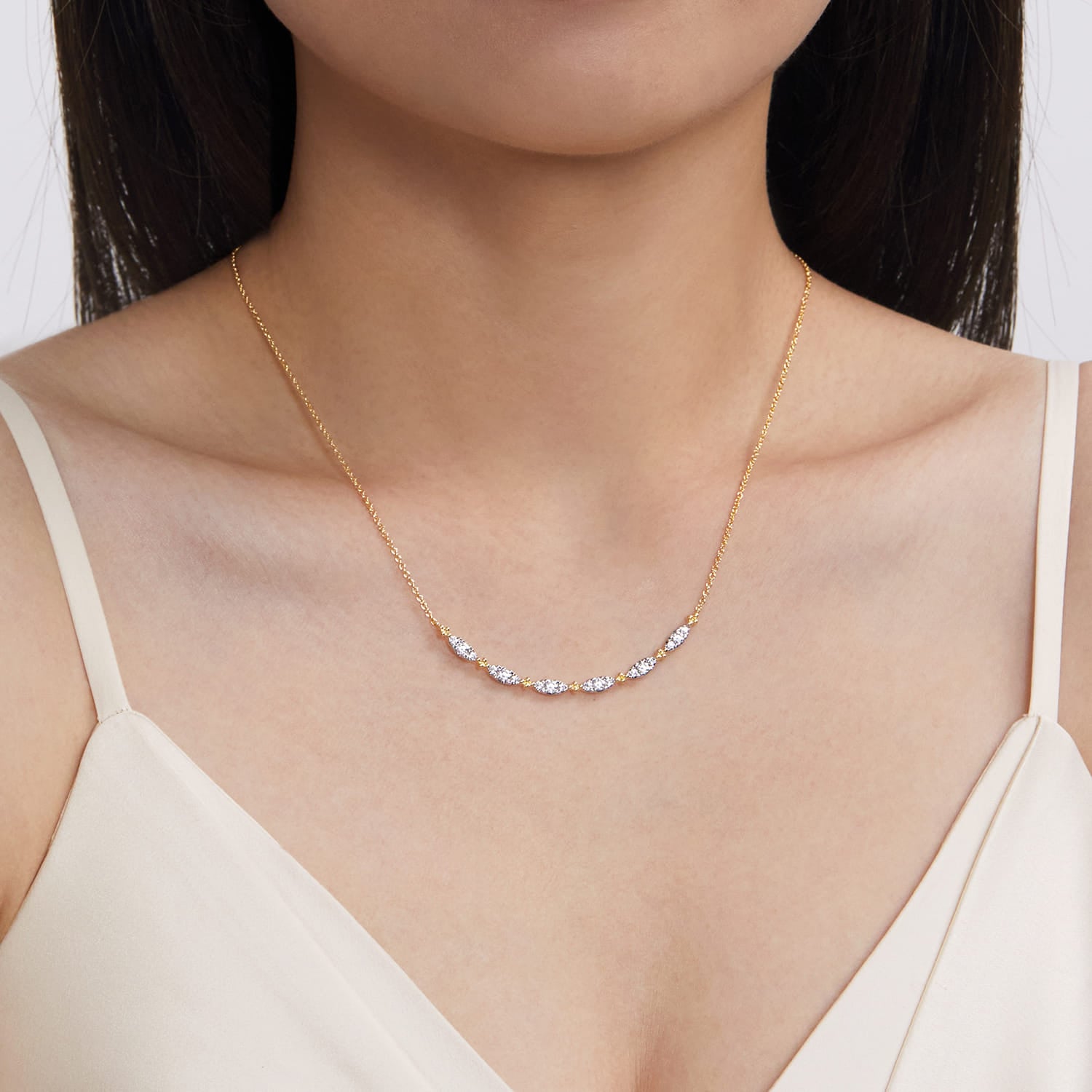 14K Yellow Gold Curved Bujukan Bar Diamond Necklace