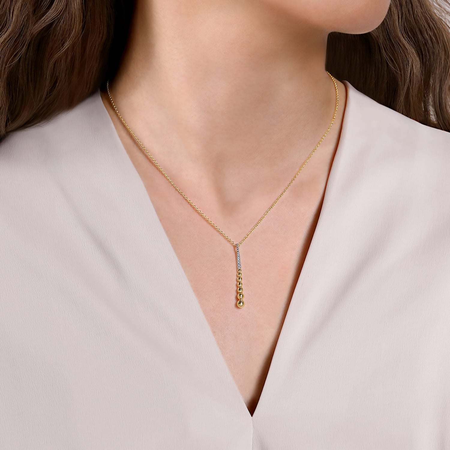 14K Yellow-White Gold Bujukan Bead Y Necklace with Diamond Pave Accent