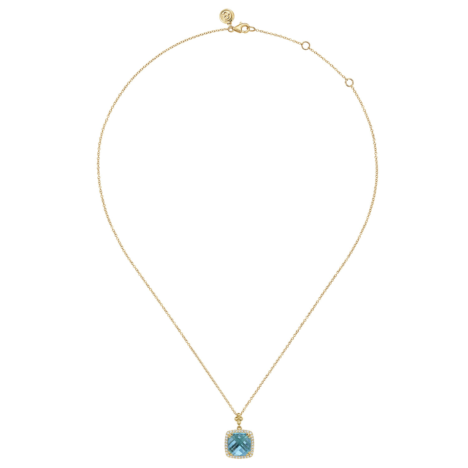 14K Yellow Gold Bujukan Cushion Blue Topaz with Diamond Halo Necklace