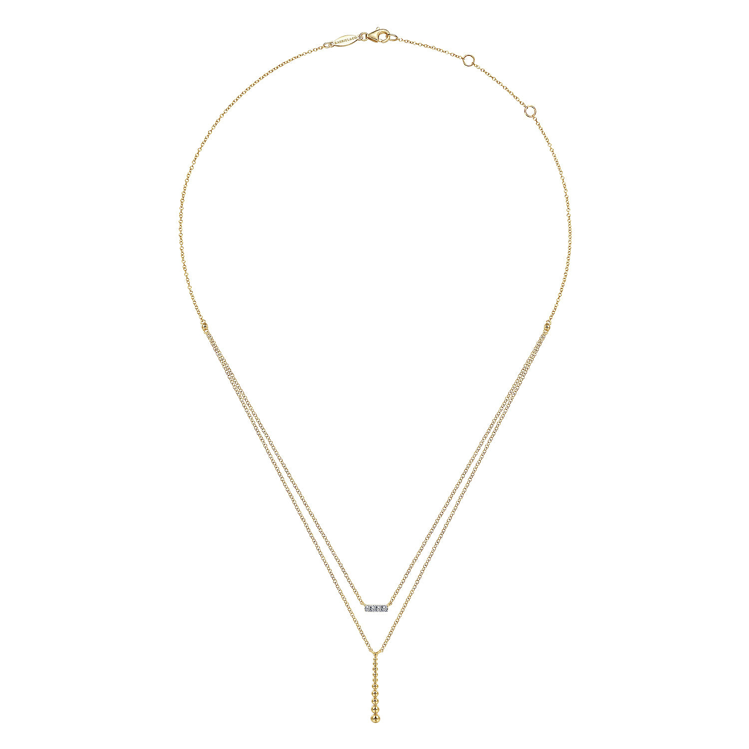 14K Gold Two Strand Diamond Bar and Bujukan Beaded Pendant Necklace