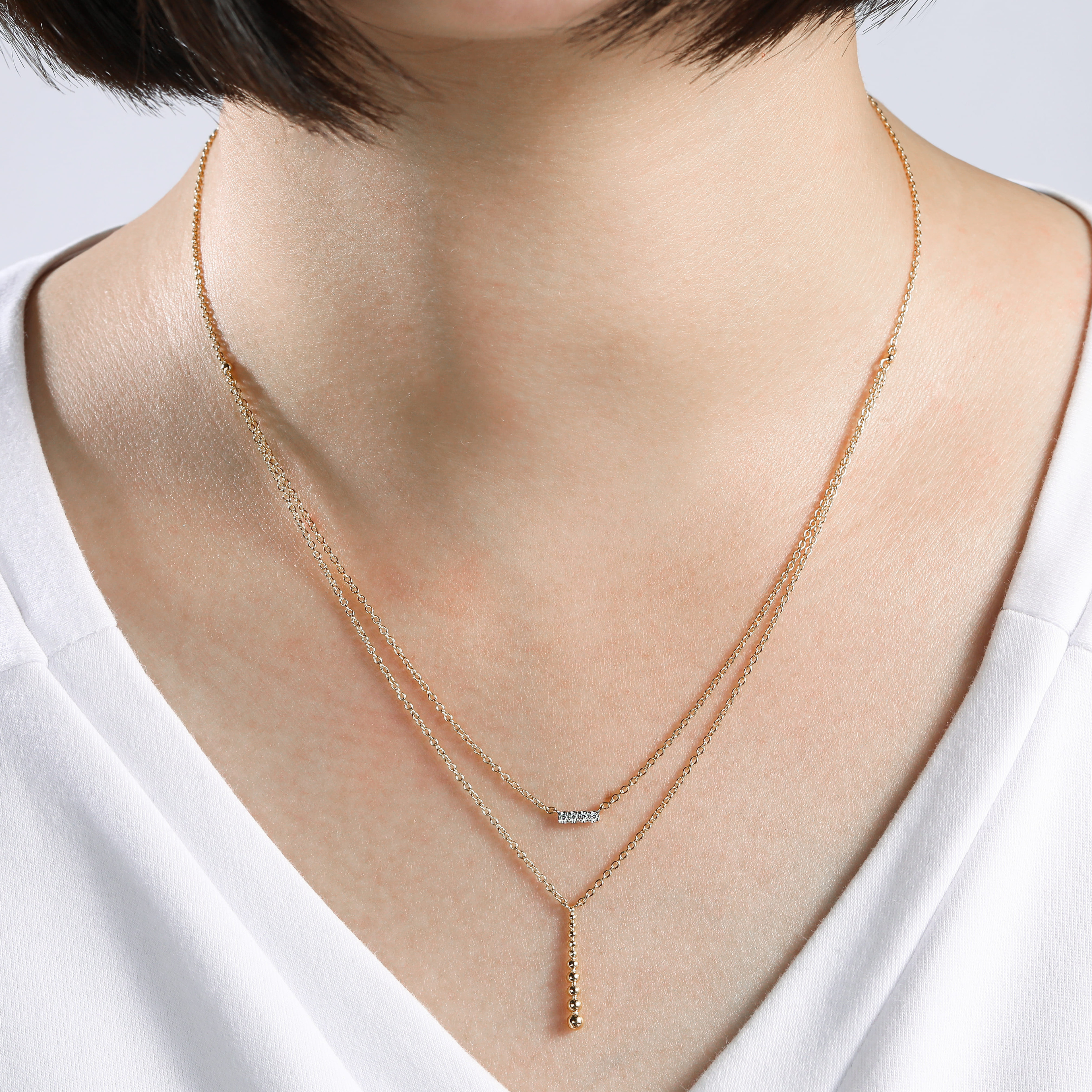 14K Gold Two Strand Diamond Bar and Bujukan Beaded Pendant Necklace
