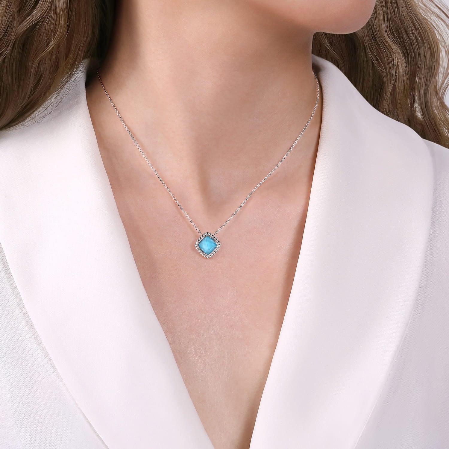 925 Sterling Silver Rock Crystal and Turquoise Pendant Necklace
