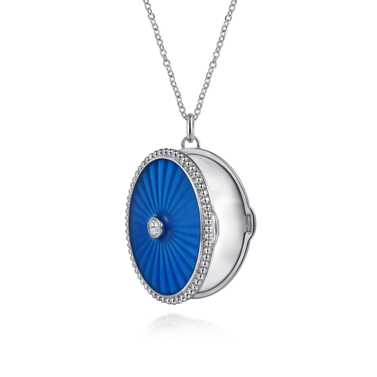 925 Sterling Silver White Sapphire Bujukan Locket Necklace with Dusk Blue Enamel