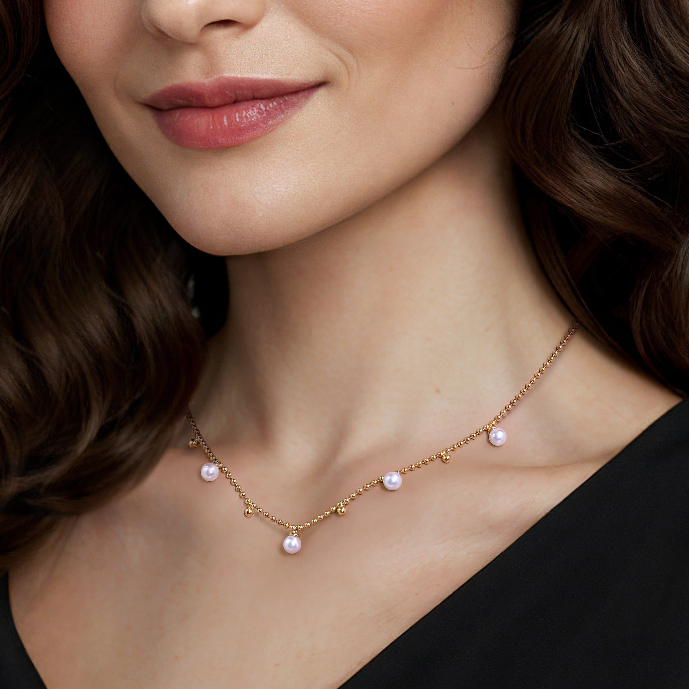 Beaded Layered Necklace Droplet 14K Yellow Gold Pearl Bujukan