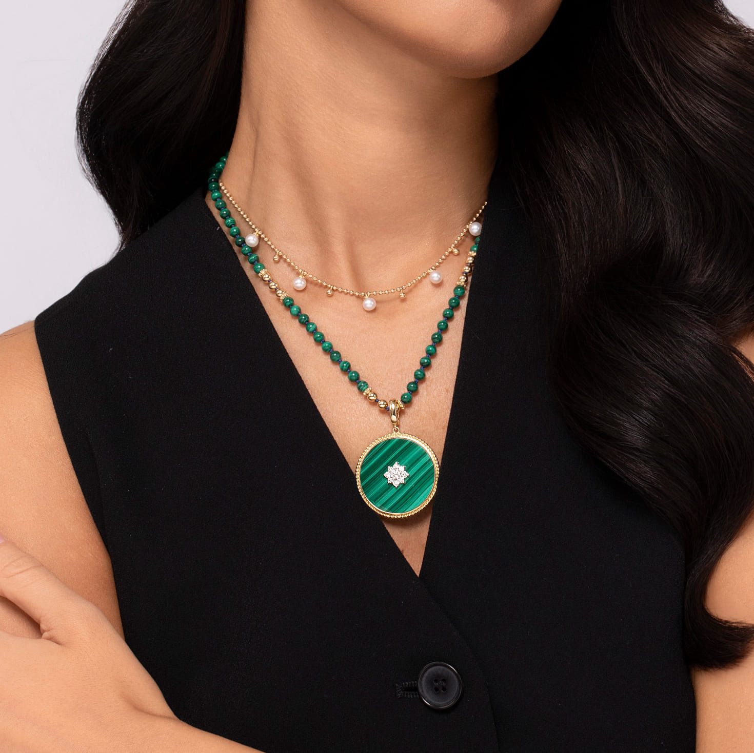 Beaded Layered Necklace Droplet 14K Yellow Gold Pearl Bujukan
