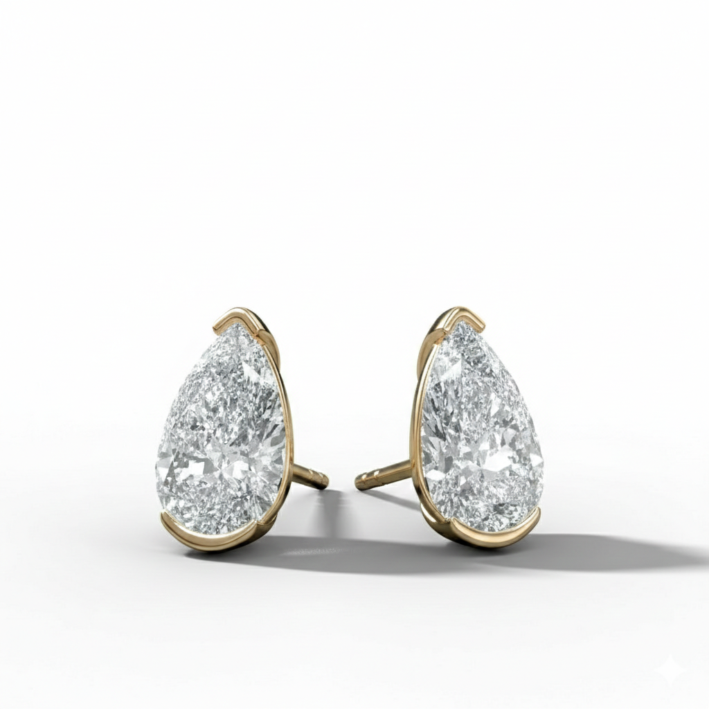 Pear Half Bezel Lab Grown Diamond Stud Earrings