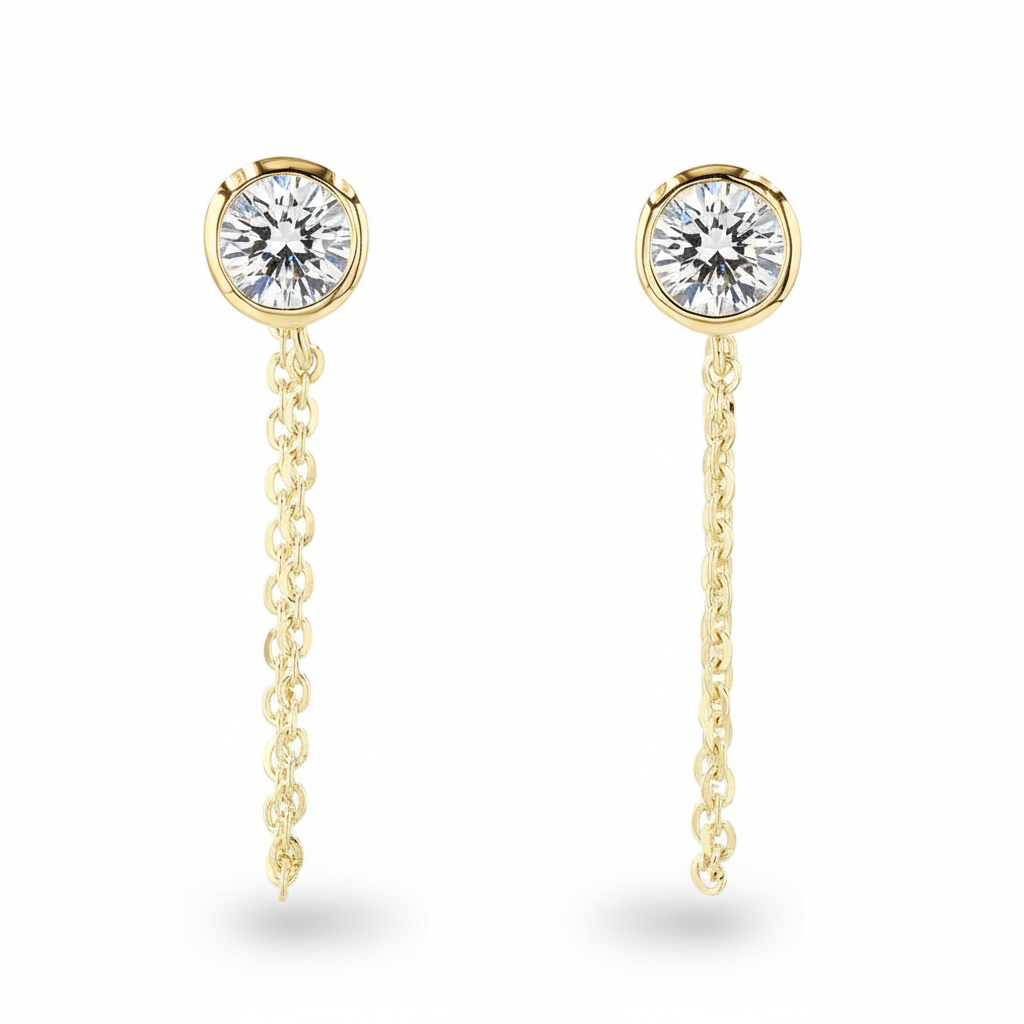 Round Bezel Chain Lab Grown Diamond Drop Earrings