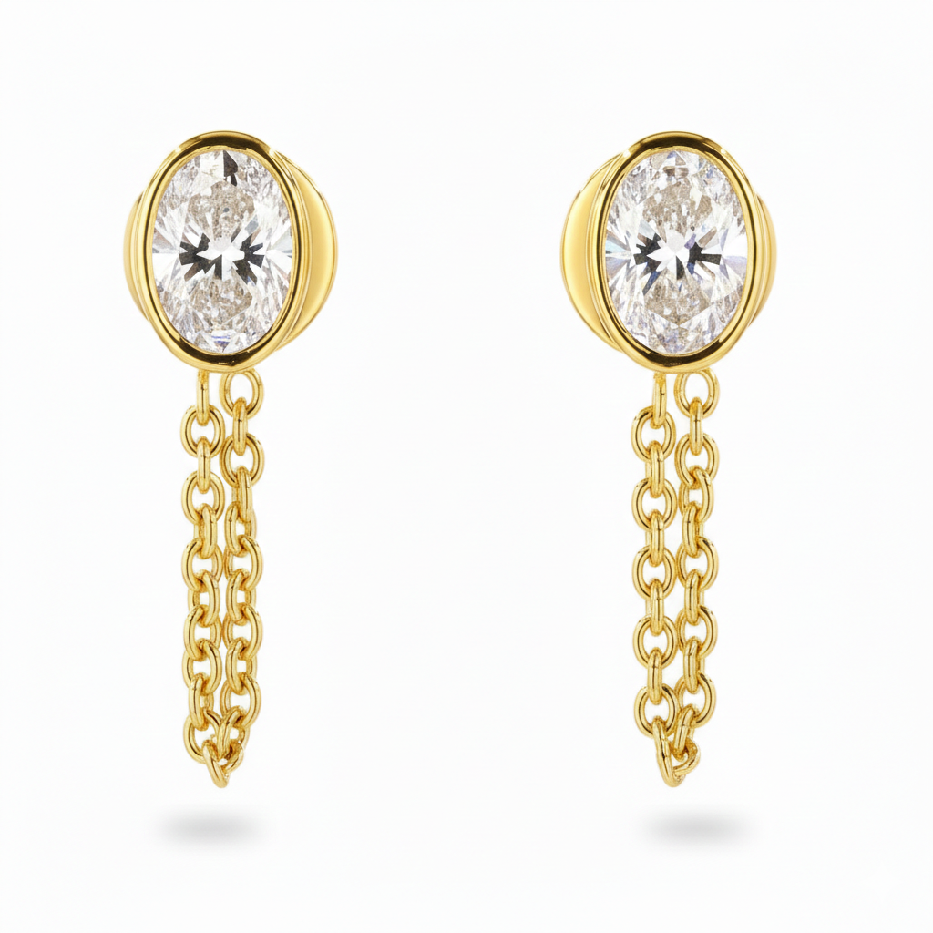Oval Bezel Chain Lab Grown Diamond Drop Earrings