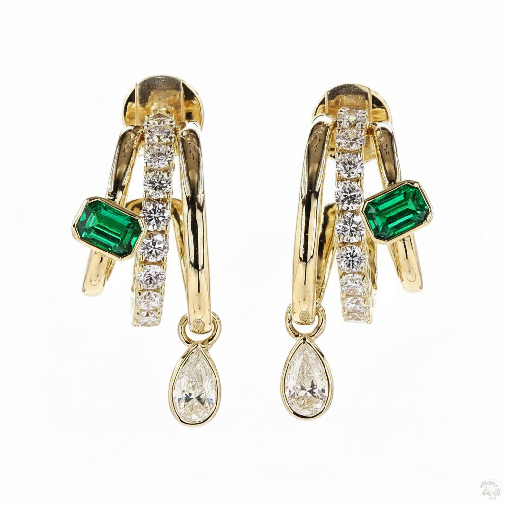 Fancy Multi-Shape Bezel Green Emerald Lab Grown Diamond Hoop Earrings