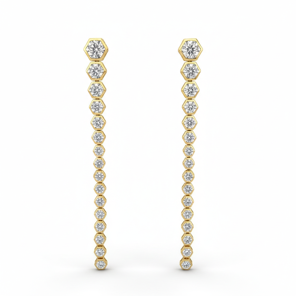 Graduated Round Hexagon Bezel Lab Grown Diamond Drop Earrings
