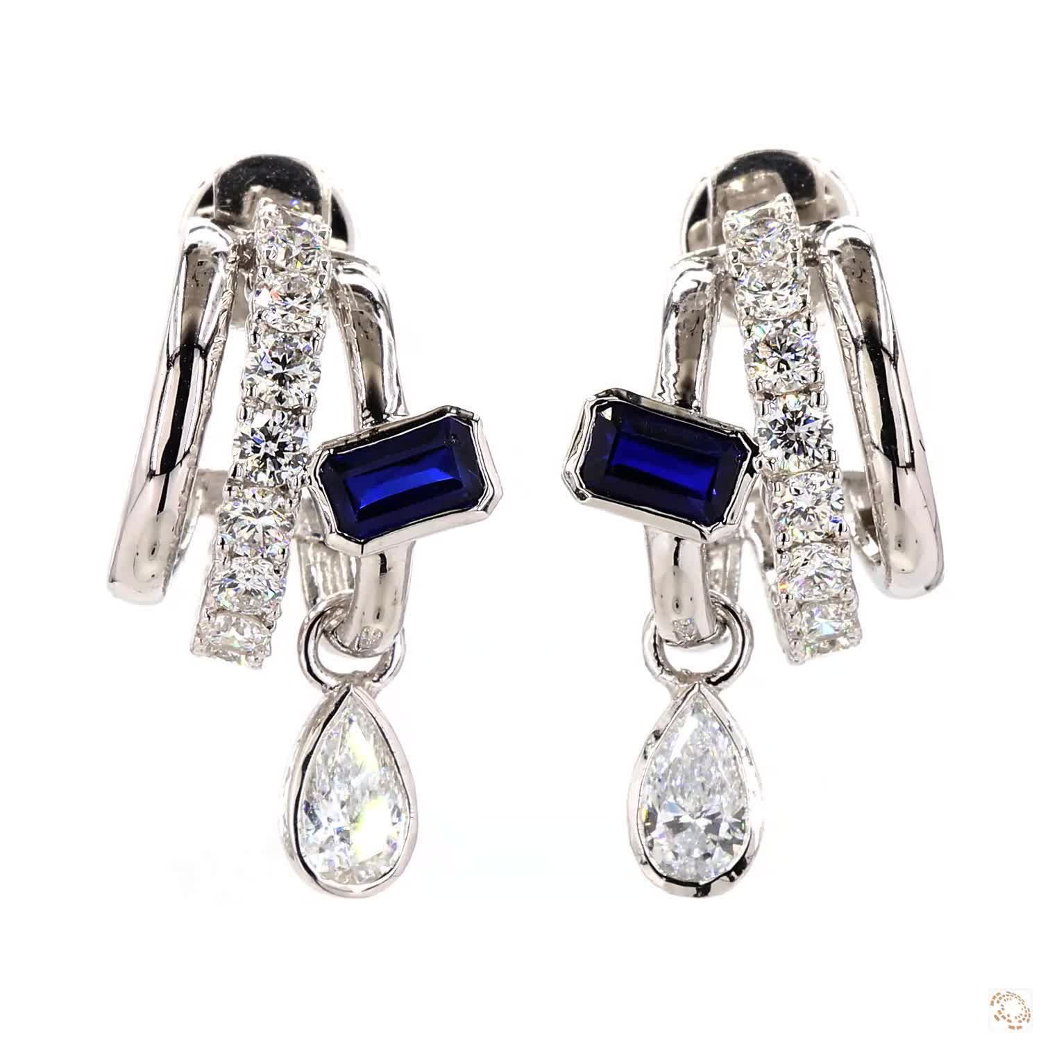 Fancy Multi-Shape Bezel Blue Emerald & Lab Grown Diamond Hoop Earrings