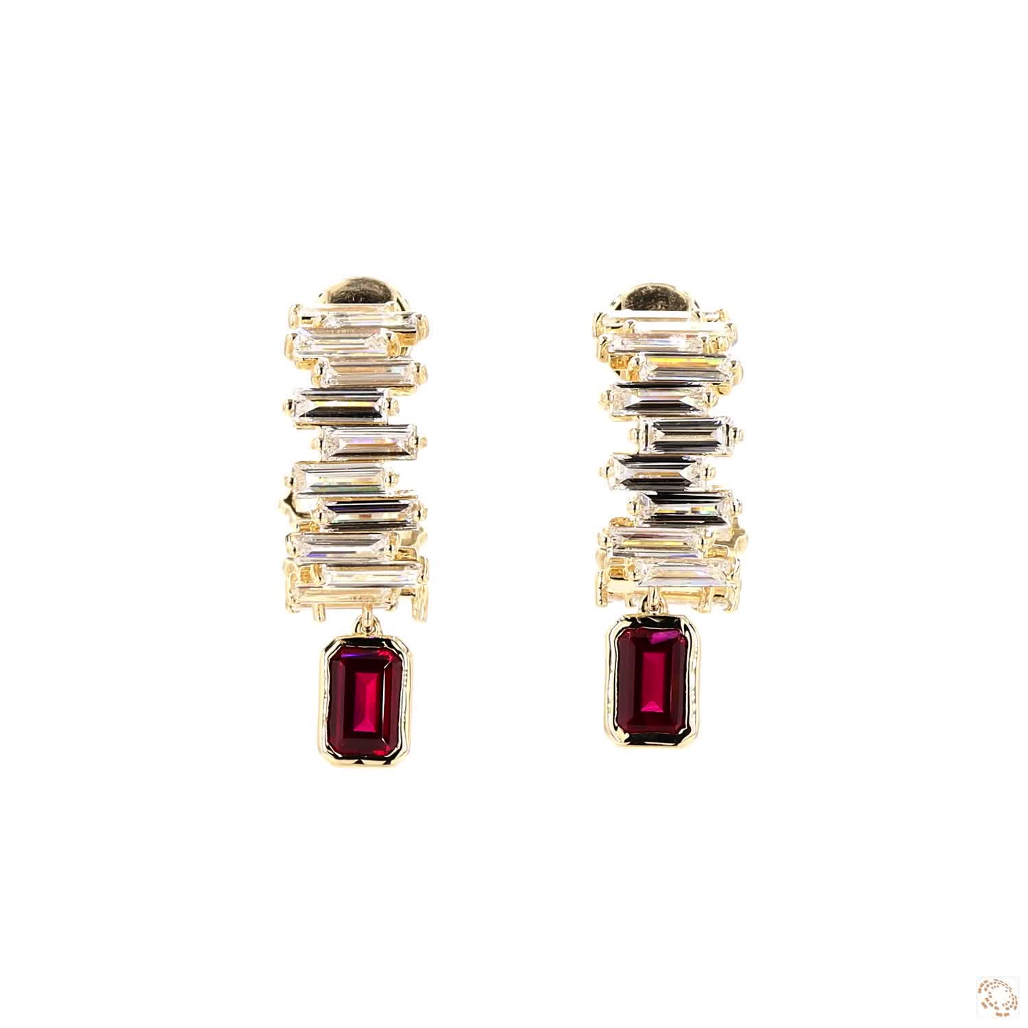 Arc Baguette Bezel Ruby Gemstone & Lab Grown Diamond Hoop Earrings