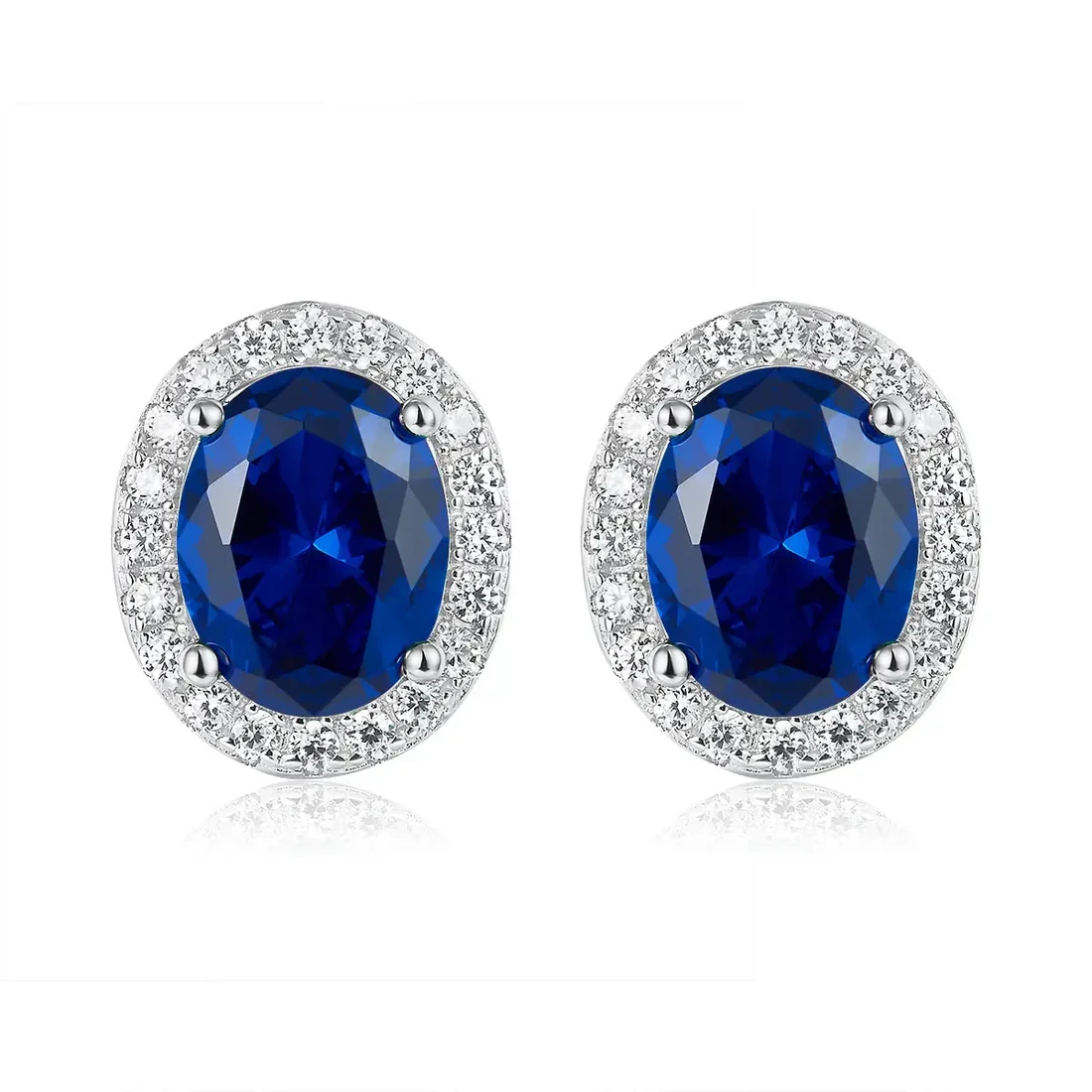 Blue Oval Halo Lab Grown Diamond Gemstone Earrings
