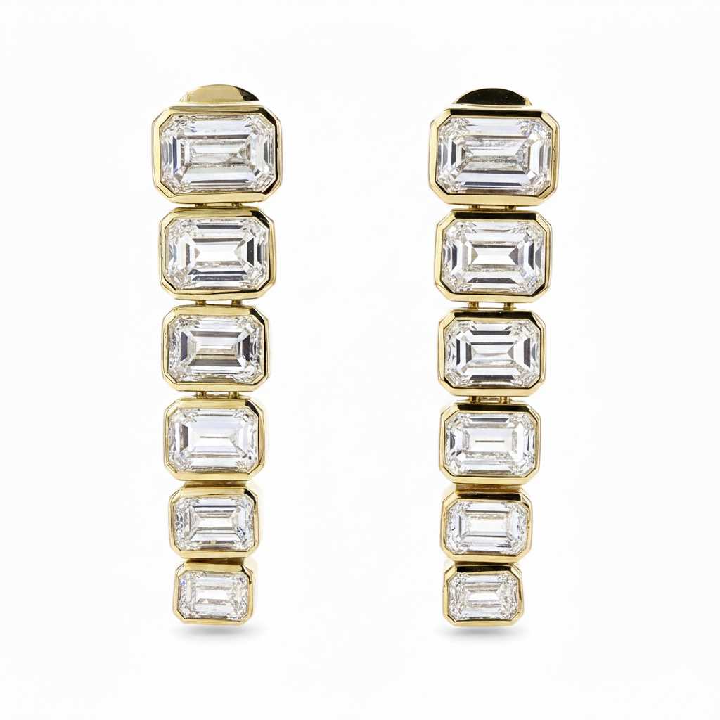Graduated Dangling Emerald Bezel Lab Grown Diamond Drop Earrings