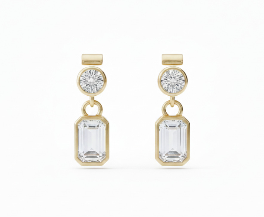 Round Emerald Bezel Lab Grown Diamond Drop Earrings
