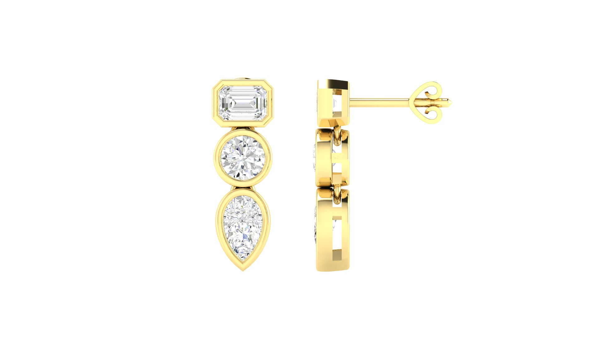 Tri Stone Bezel Lab Grown Diamond Drop Earrings