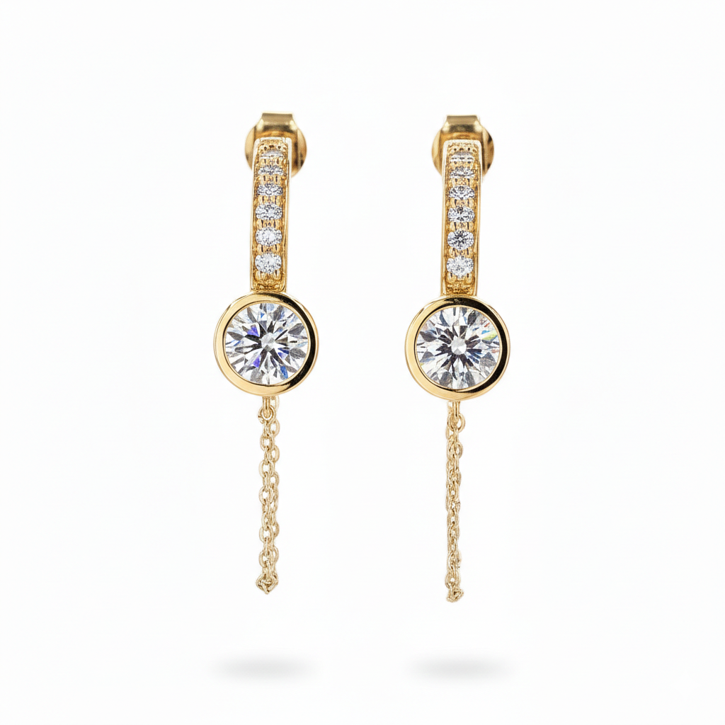 Half Bezel Chain Lab Grown Diamond Hoop Earrings