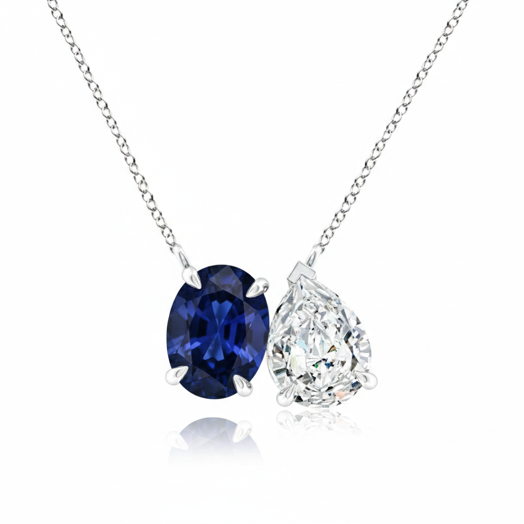 Toi et Moi Oval Pear Gemstone & Lab Grown Diamond Pendant Necklace