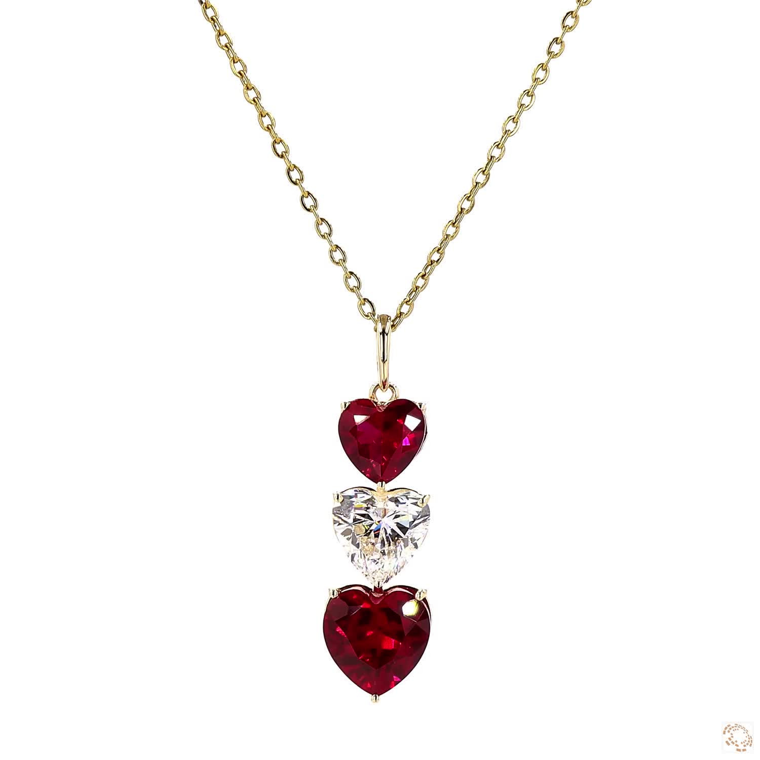 Tri Heart Ruby Gemstone & Lab Grown Diamond Pendant Necklace