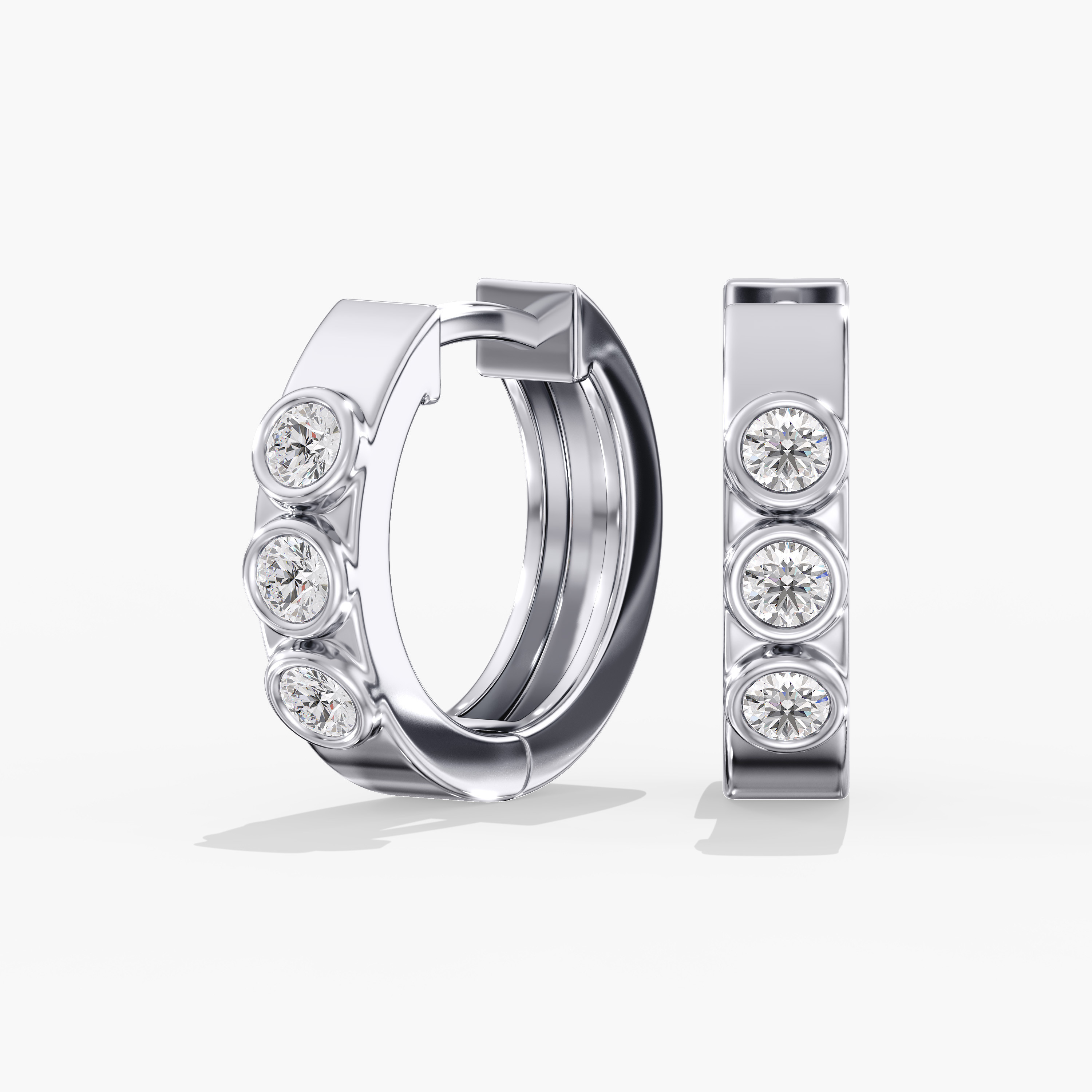 Three Stone Bezel 14K Gold Lab Grown Diamond Huggie Hoop Earrings (1/4 TCW)