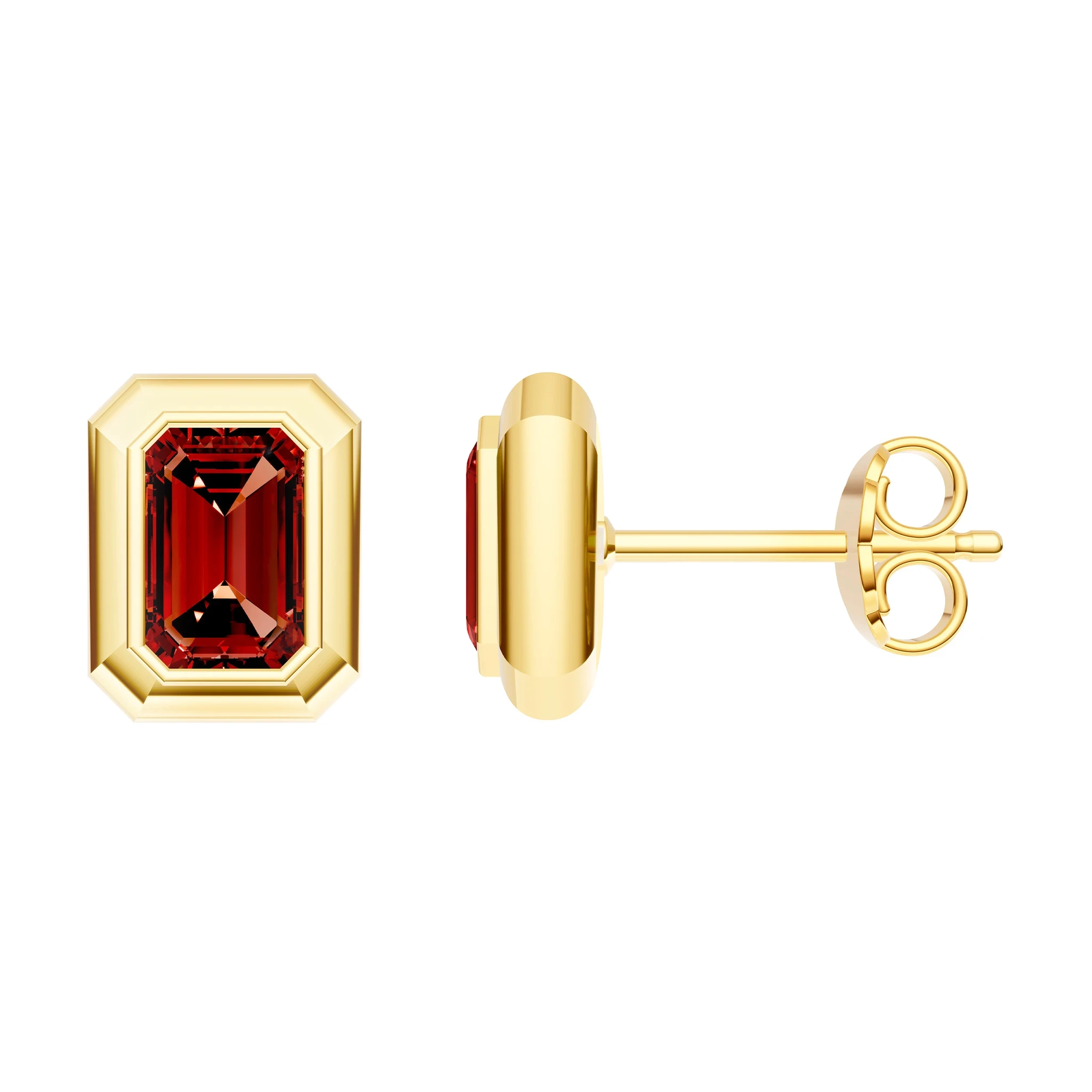 Emerald-Cut Red Garnet Double Bezel Stud Earrings