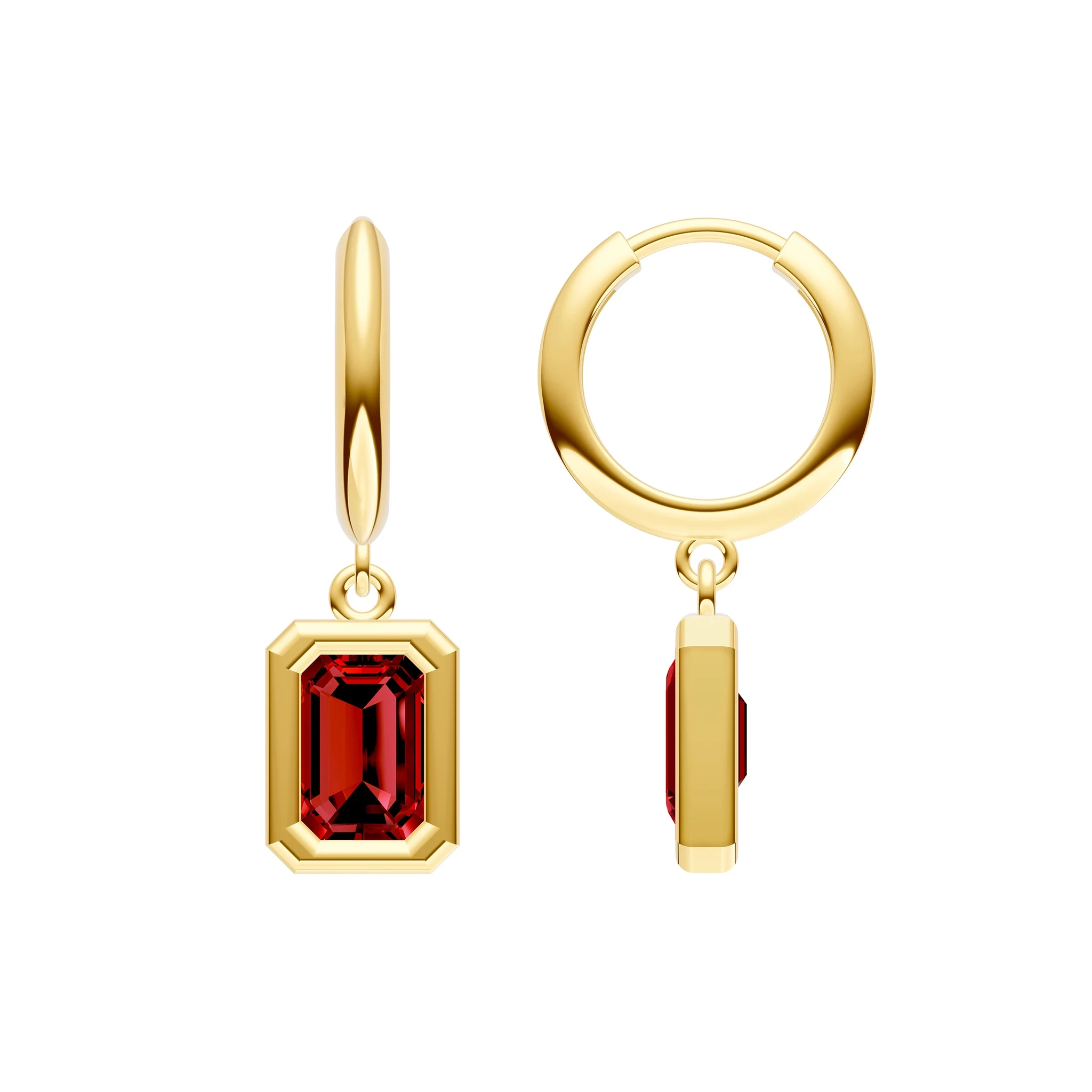 Emerald-Cut Red Garnet Bezel Drop Earrings