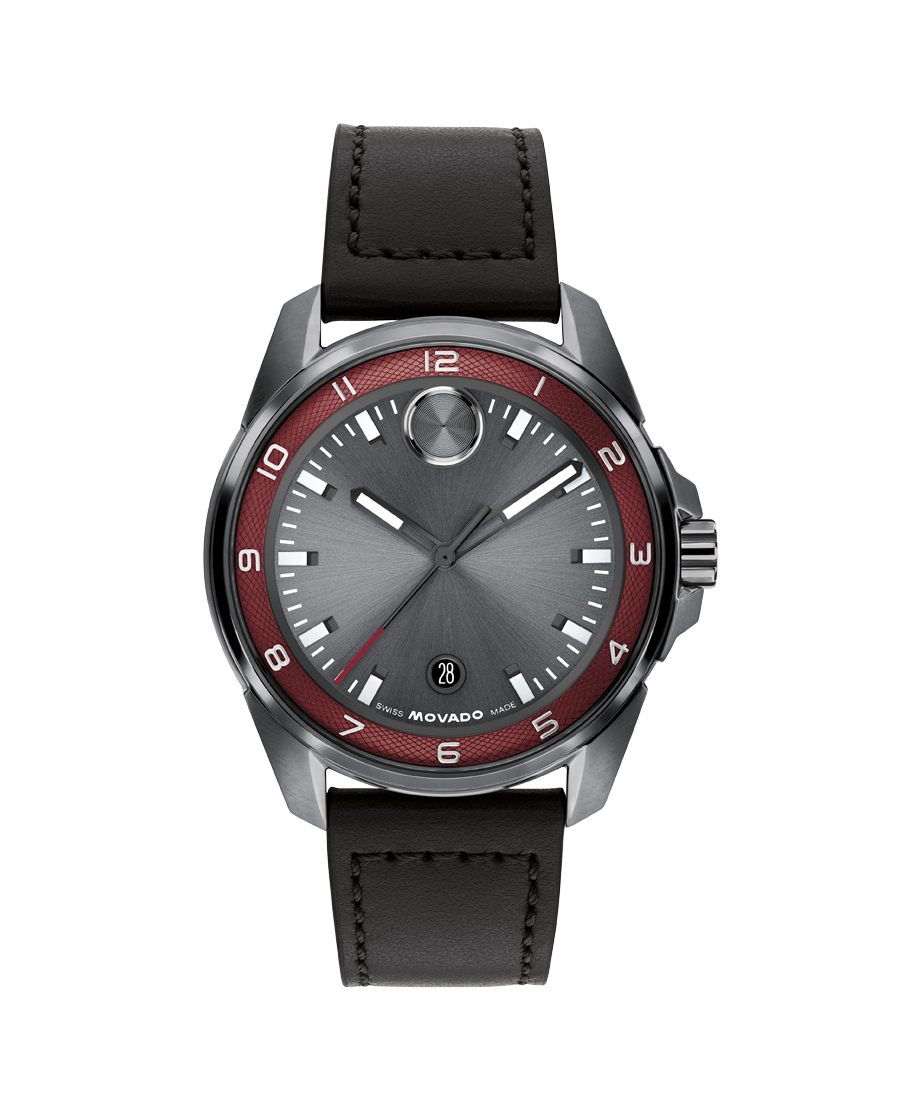 Movado 42MM BOLD Verso S Gunmetal Black Leather Men's Watch
