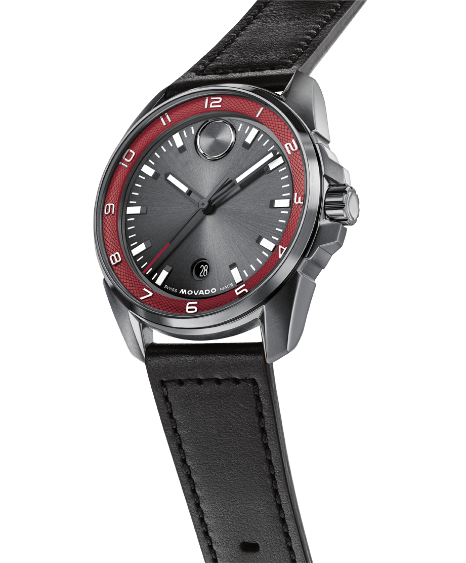 Movado 42MM BOLD Verso S Gunmetal Black Leather Men's Watch