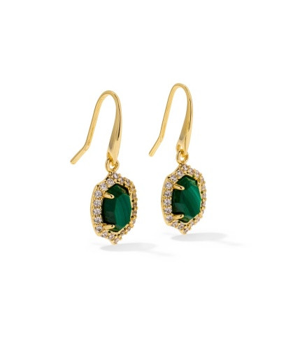 Daphne Crystal Frame Drop Earrings - Gold Green Malachite