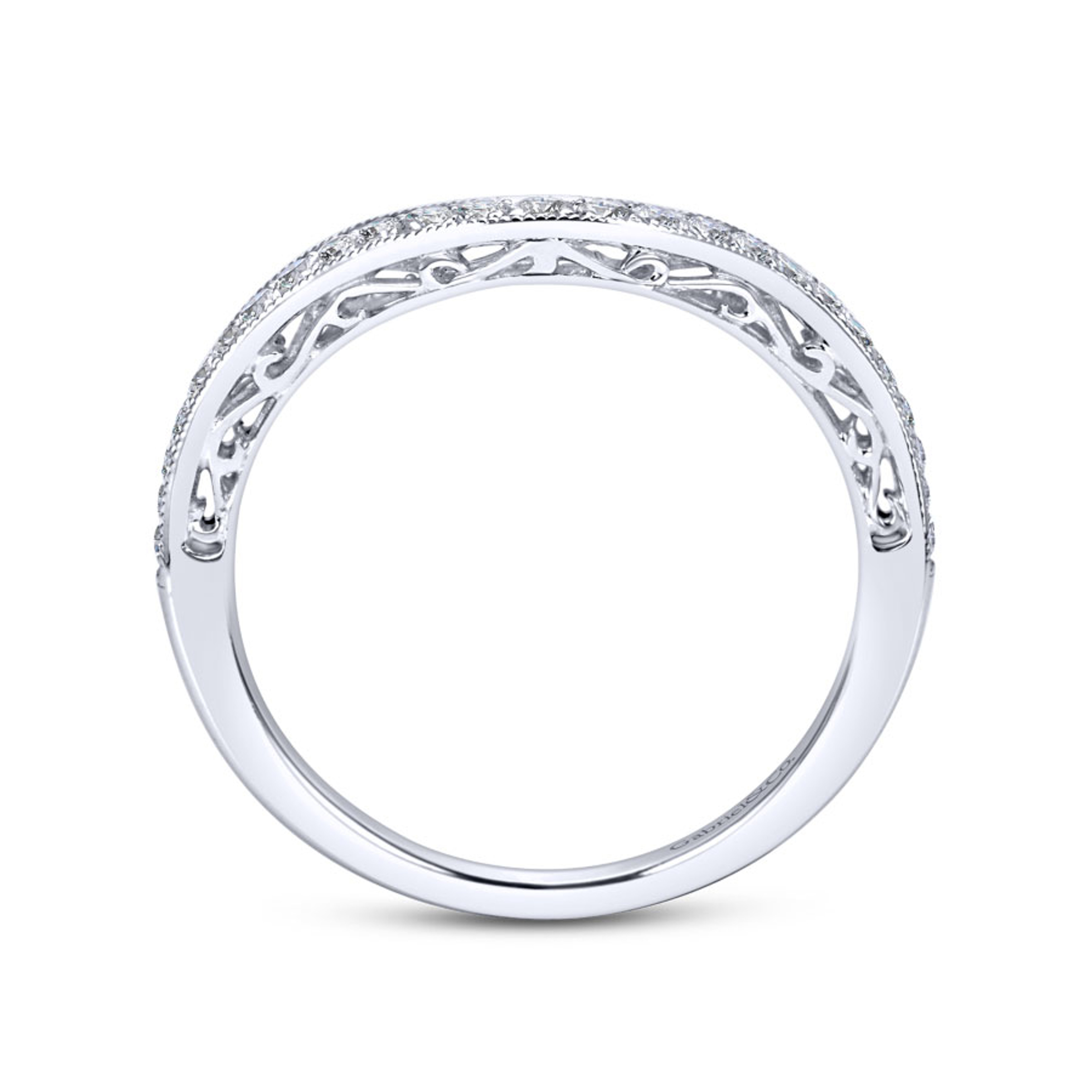 curved channel-set diamond wedding ring with ornate scrollwork