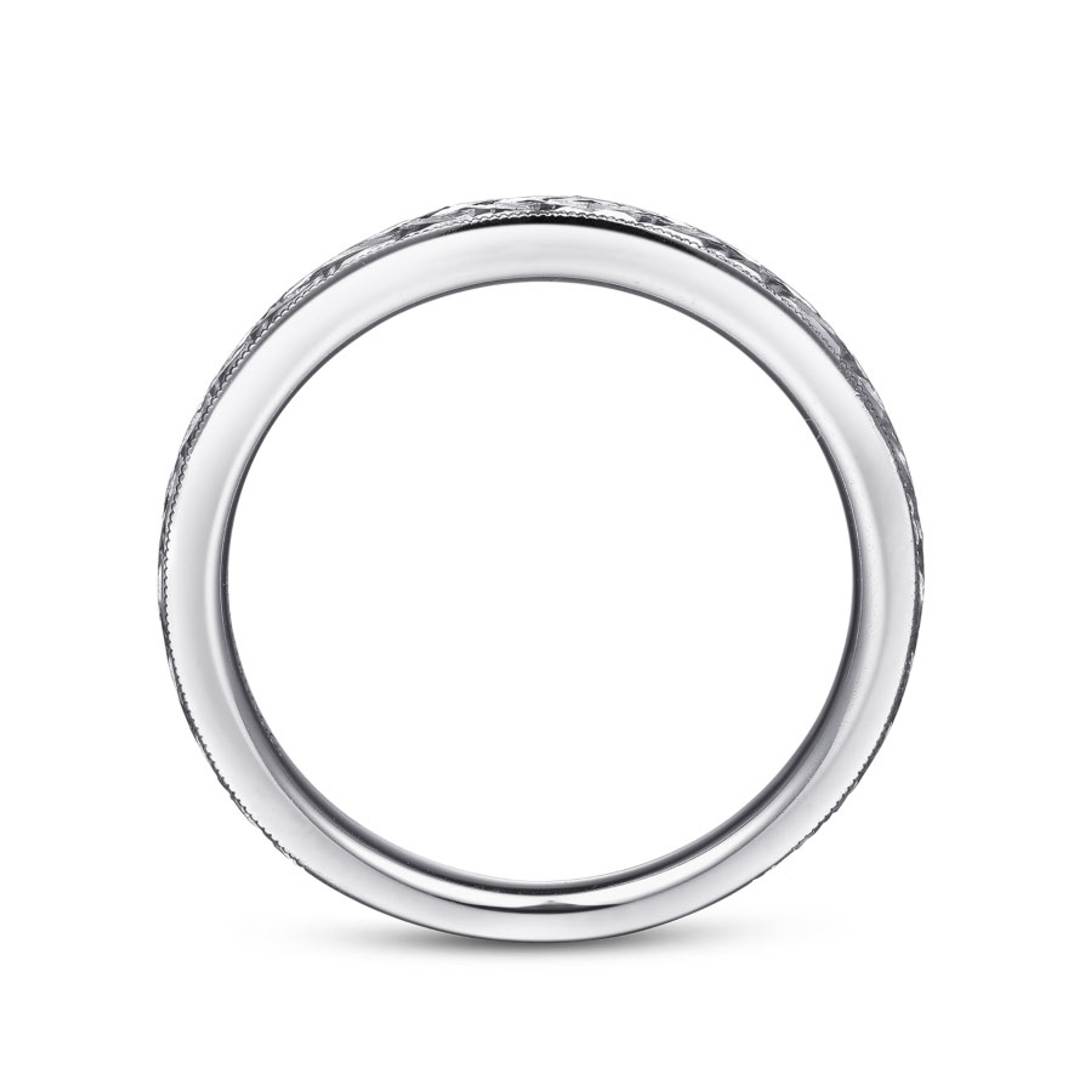 straight wedding ring with chevron pattern and milgrain detailing