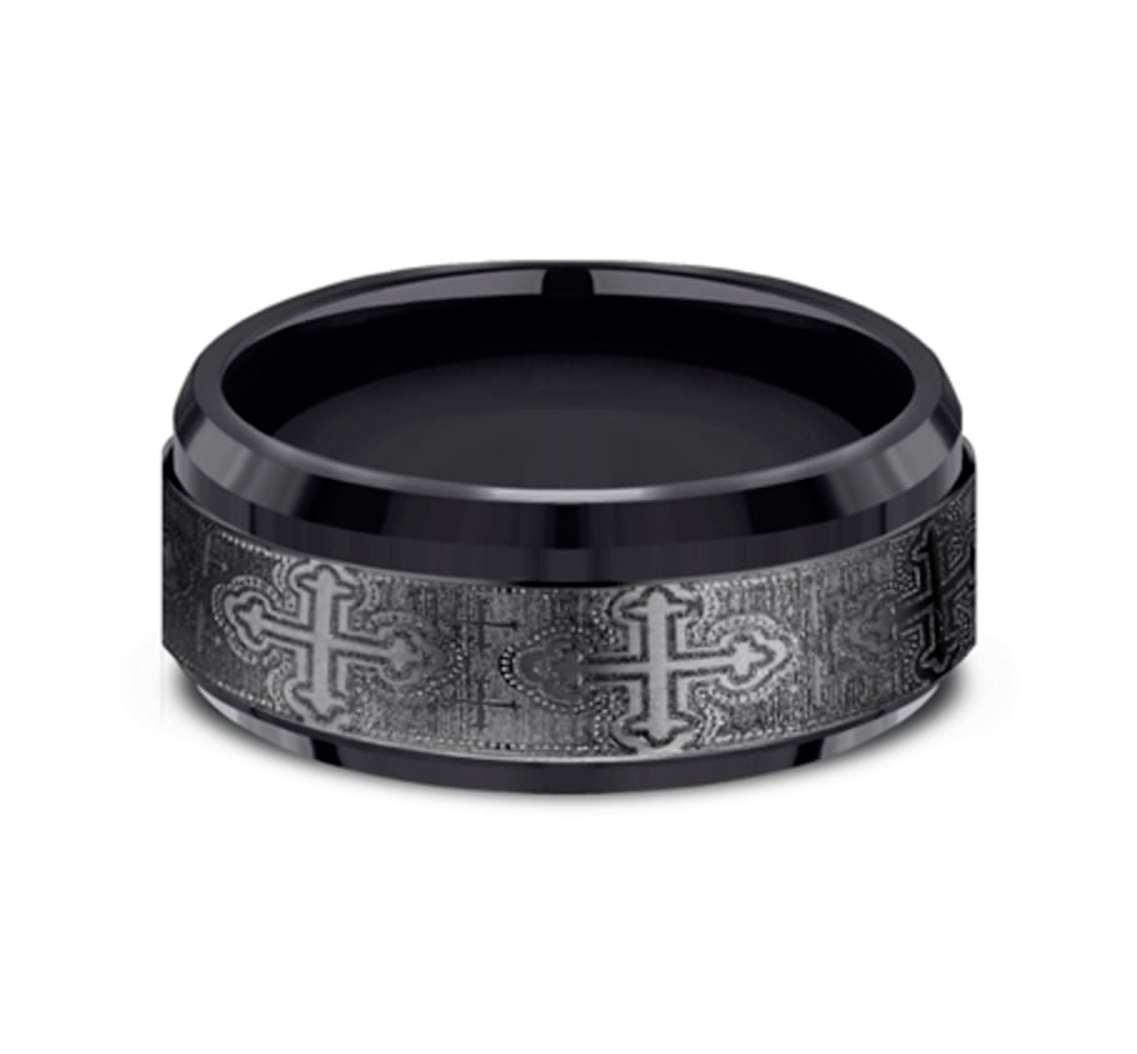 black titanium wedding with with cross pattern and polished bevel edges