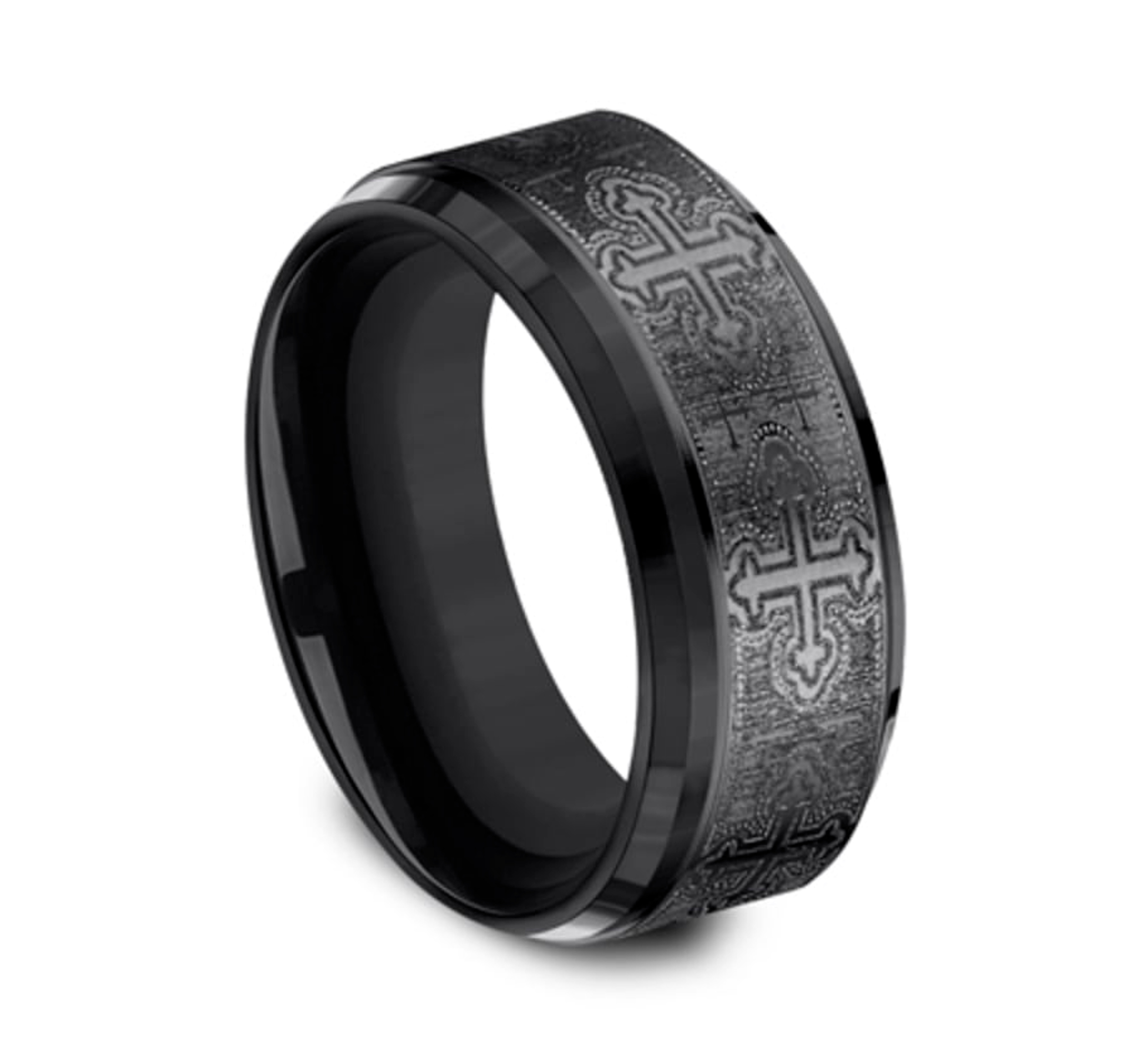 black titanium wedding with with cross pattern and polished bevel edges