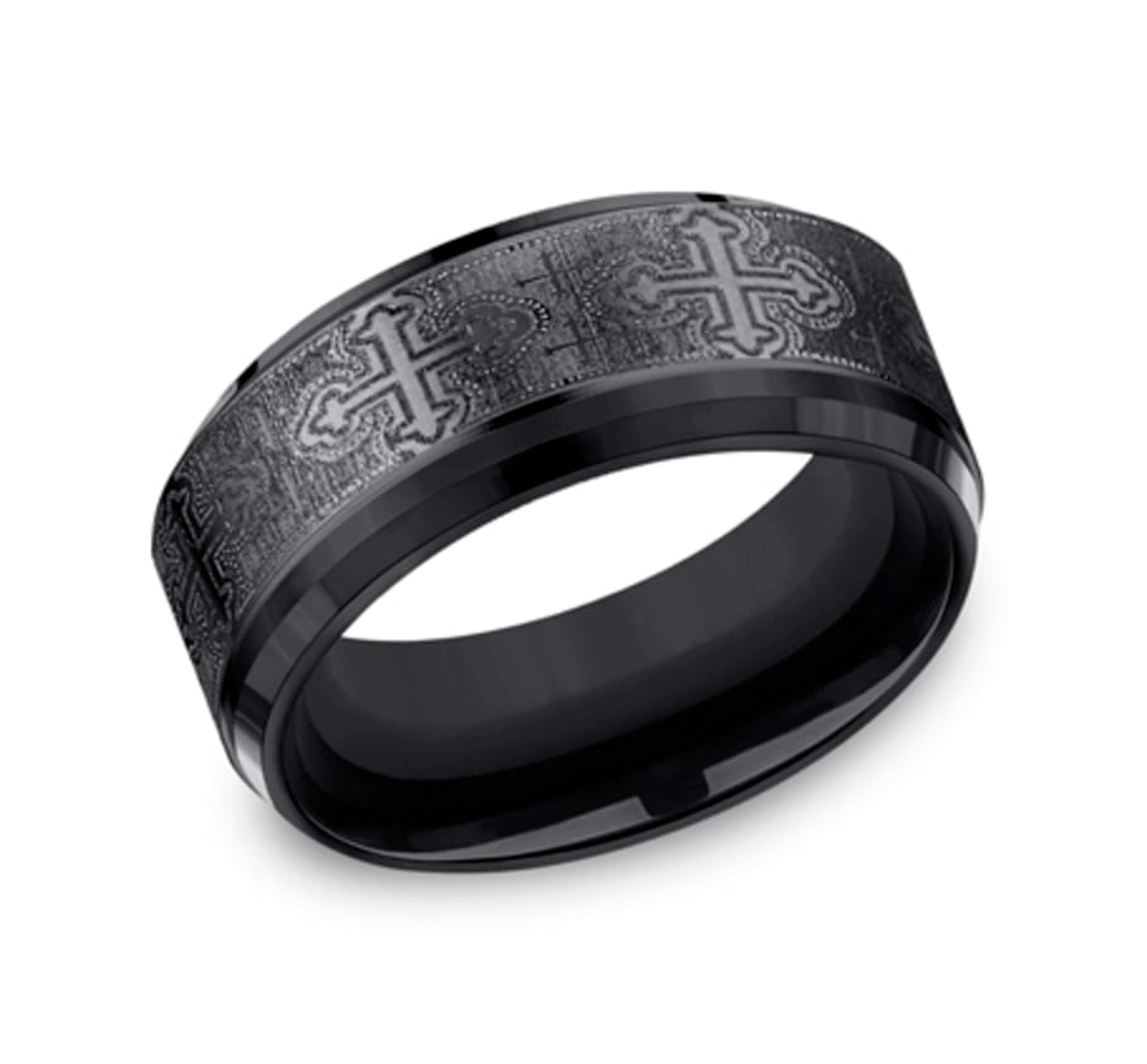 black titanium wedding with with cross pattern and polished bevel edges