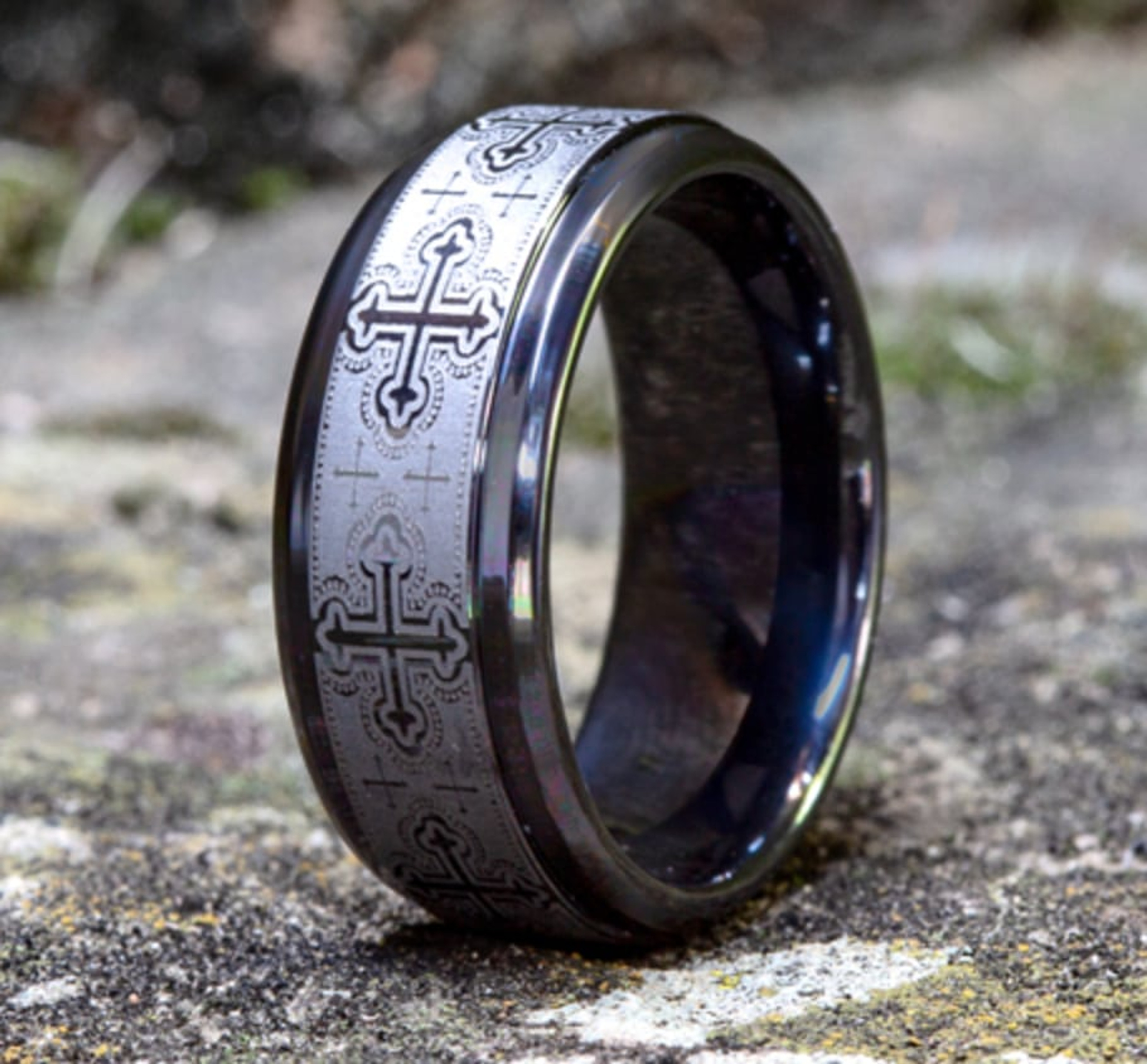 black titanium wedding with with cross pattern and polished bevel edges