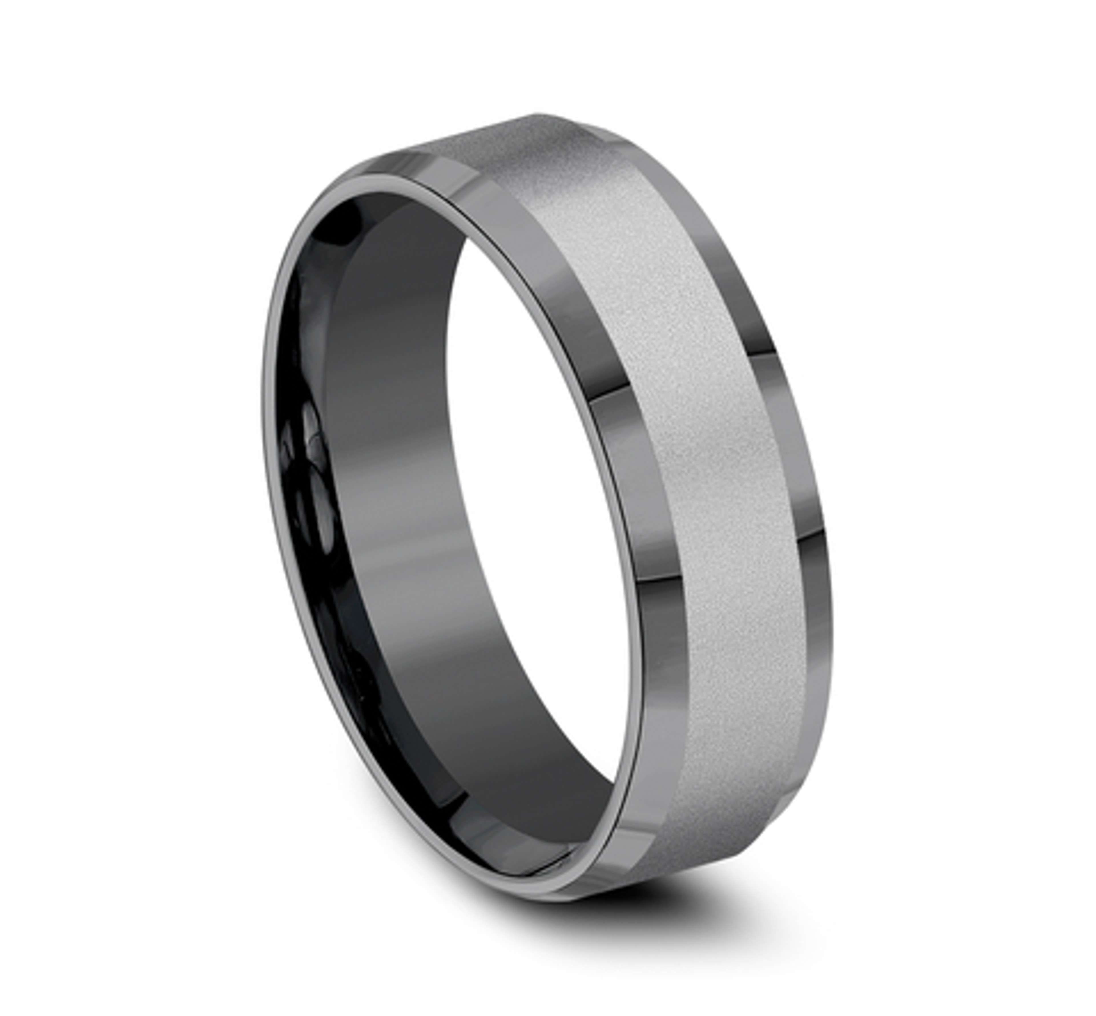 wedding ring with satin finish center and polished bevel edges