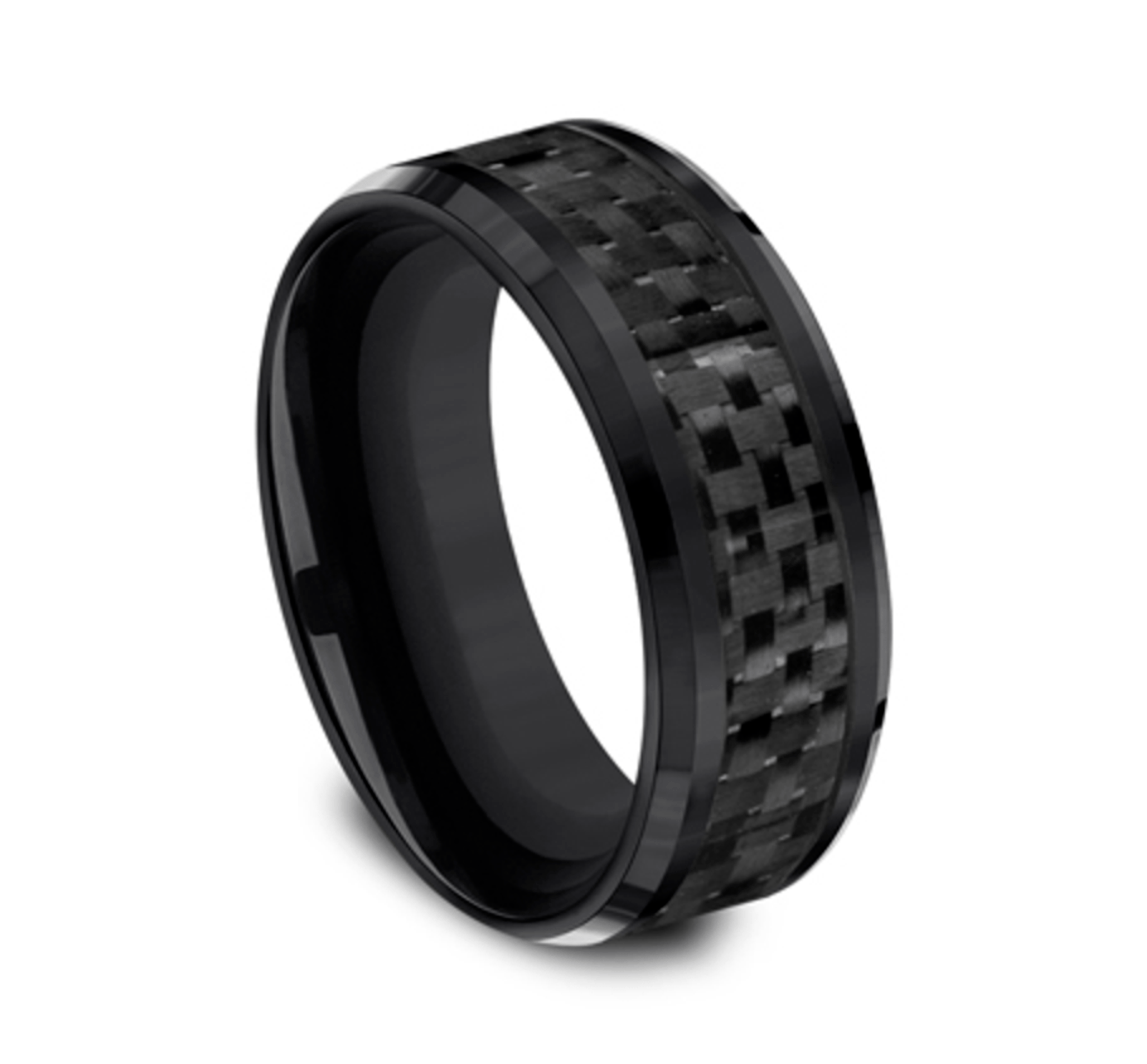 black titanium wedding ring with black-checkered carbon fiber inlay and polished bevel edges