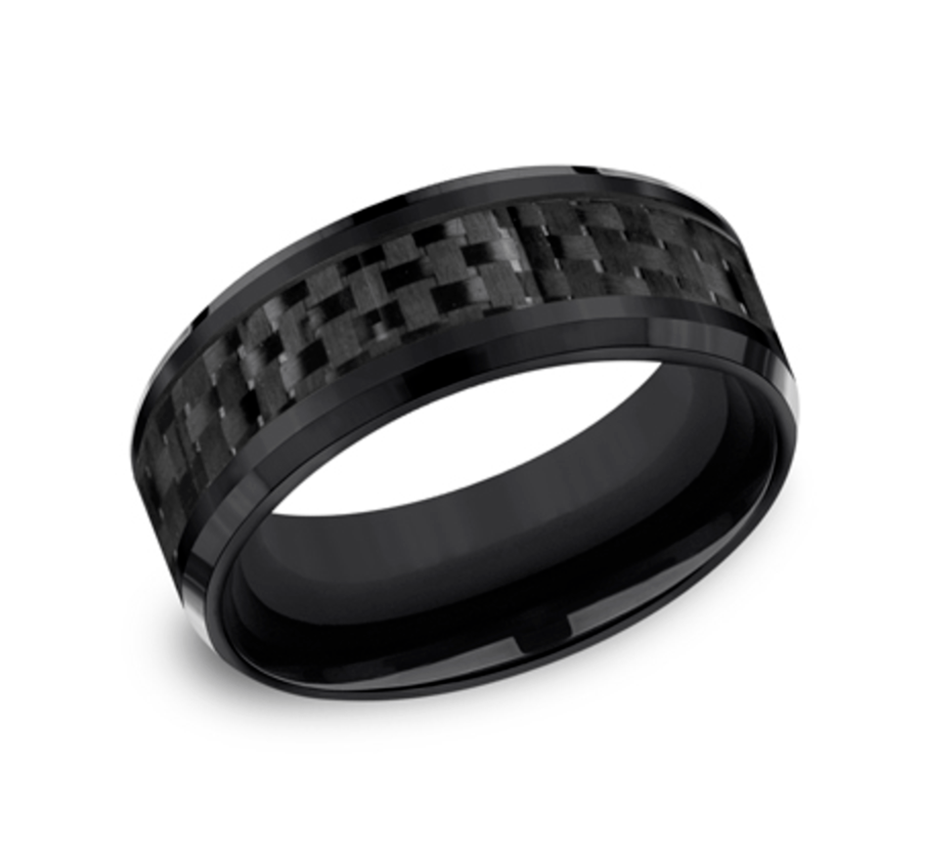 black titanium wedding ring with black-checkered carbon fiber inlay and polished bevel edges