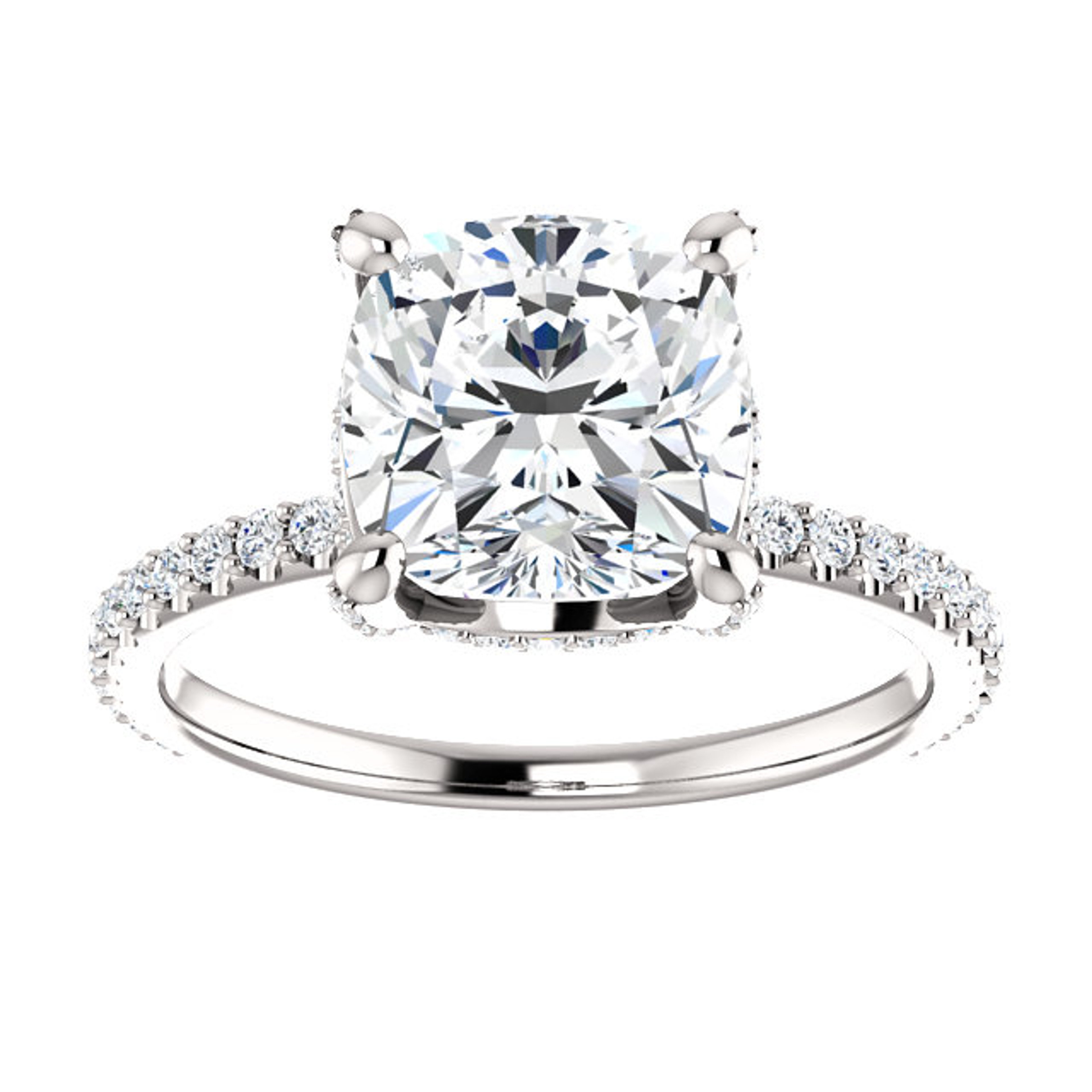 straight engagement ring with cushion cut moissanite center stone and hidden halo of diamonds with diamond accented band and prongs