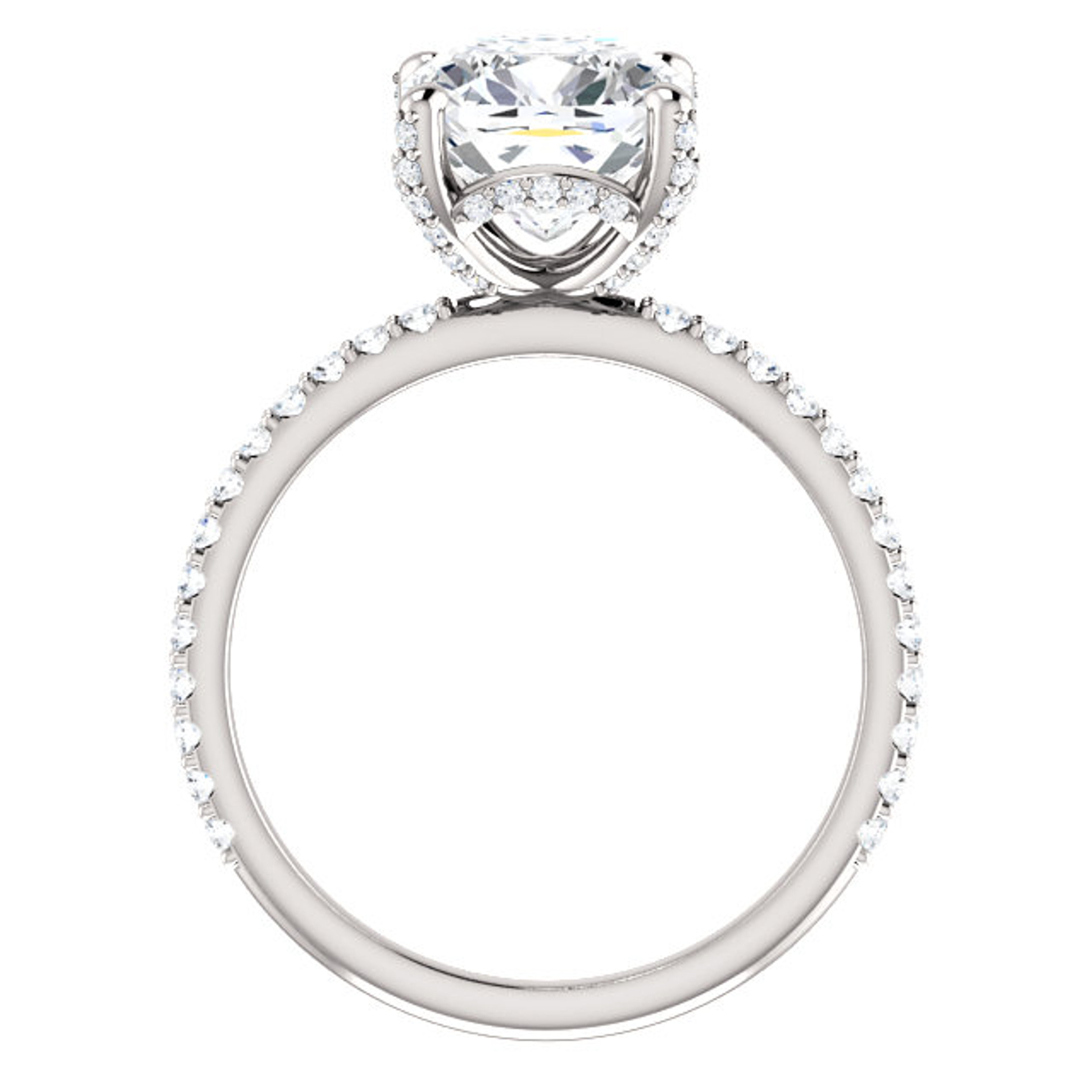 straight engagement ring with cushion cut moissanite center stone and hidden halo of diamonds with diamond accented band and prongs