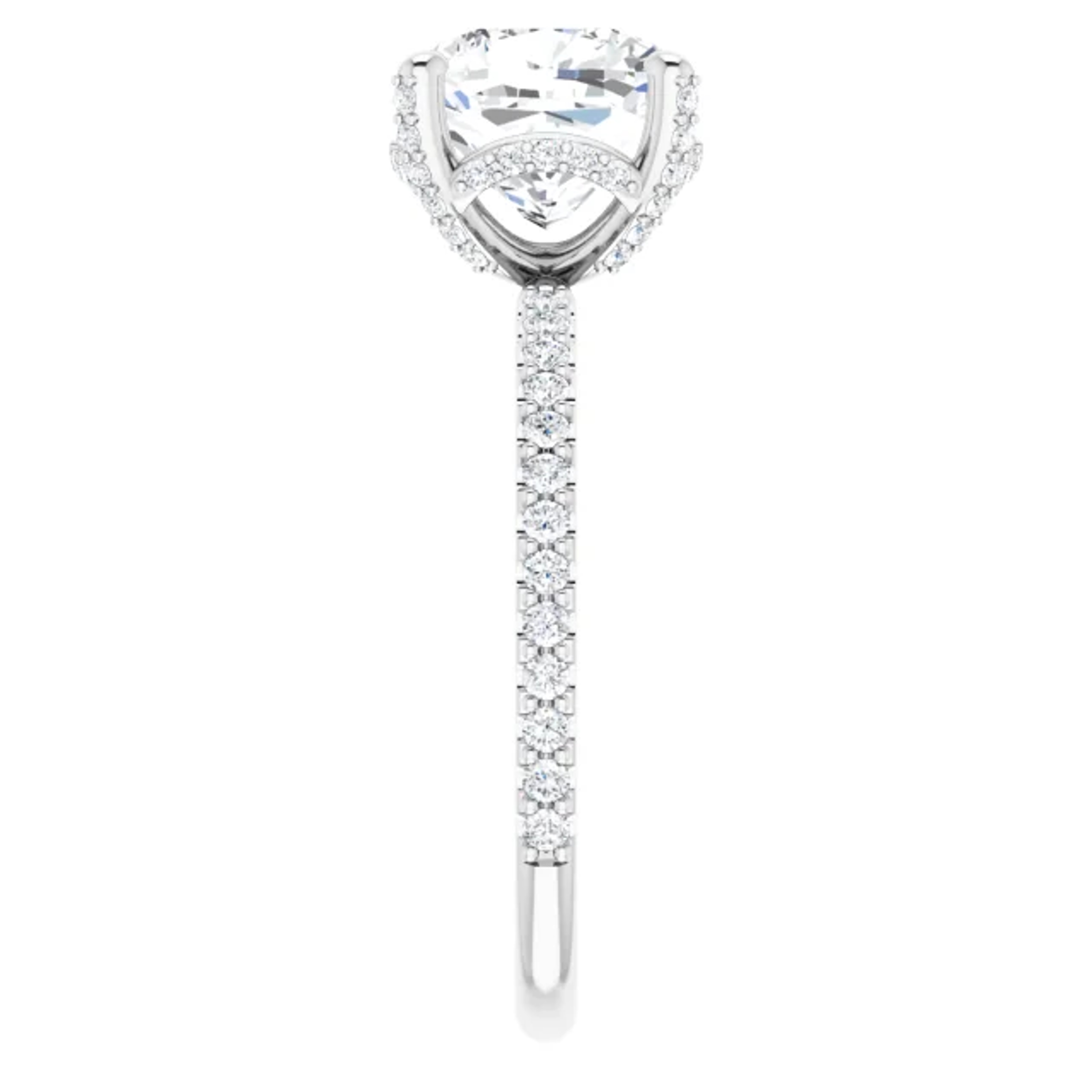 straight engagement ring with cushion cut moissanite center stone and hidden halo of diamonds with diamond accented band and prongs