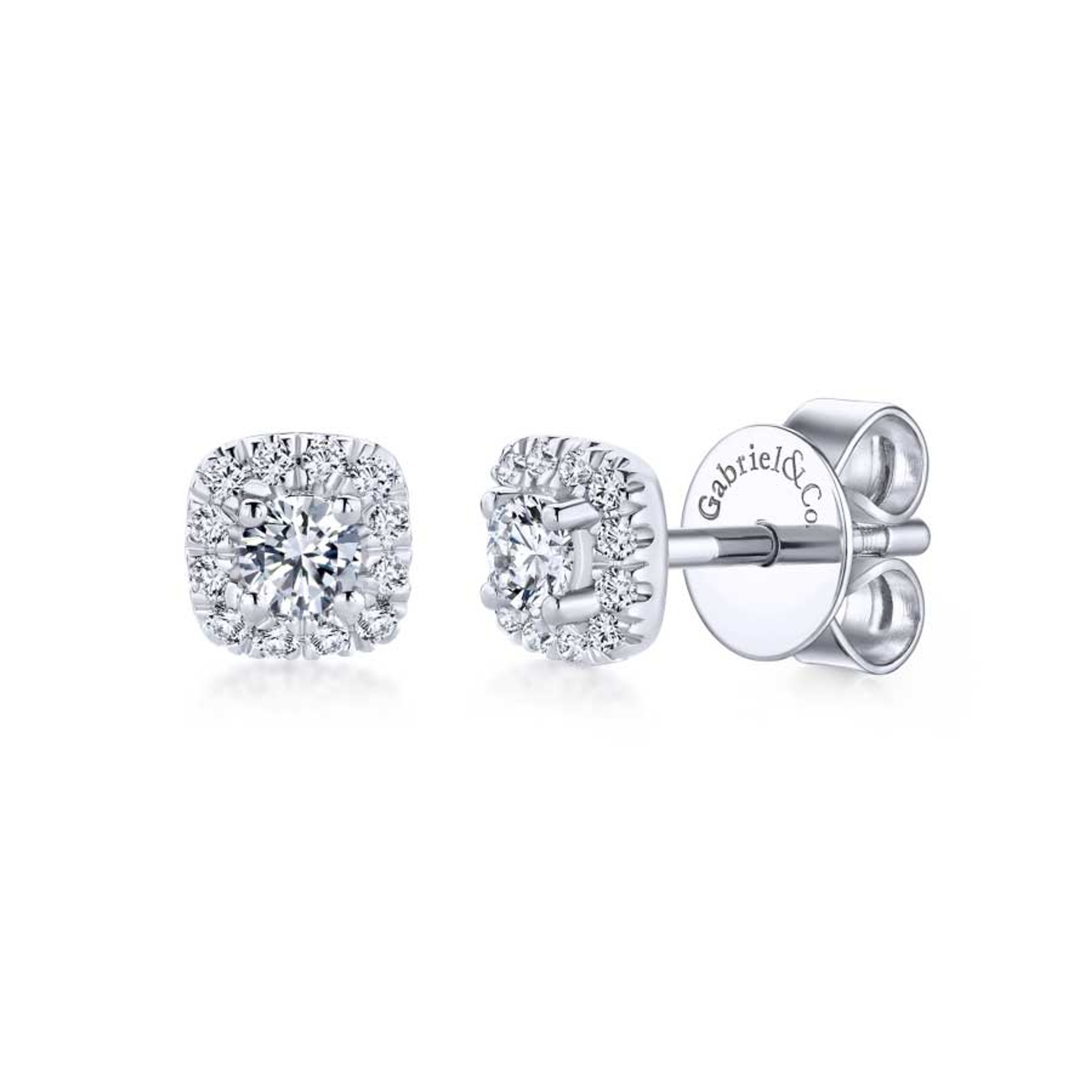 14K white gold cushion diamond and halo stud earrings